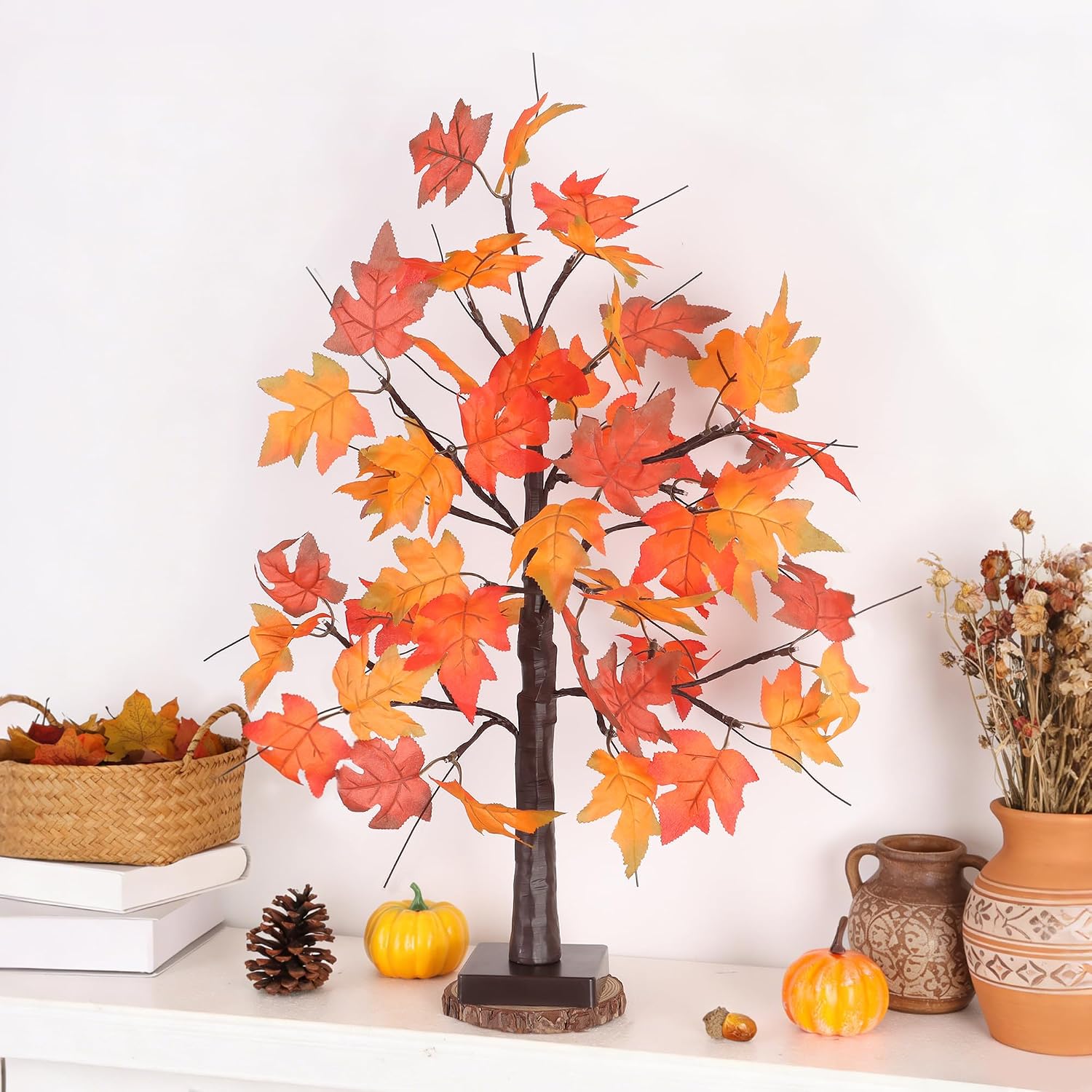 1 Pack 24 Inch Fall Maple Tree with 48LED Battery Operated Lighted Tabletop Artificial Tree with Pumpkin Acorn Maple Fall Centerpieces Indoor Fall Decorations for Home Office Thanksgiving Table Decor