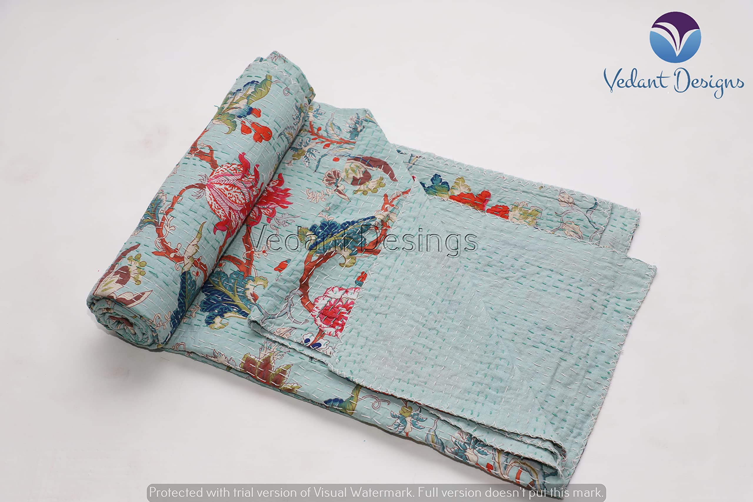 V Vedant Designs Indian Block Floral Handmade Kantha Quilt Pure Cotton Twin/Queen Kantha Quilt Blanket Bedspread Bohemian Kantha Throw (Light Green, Queen)