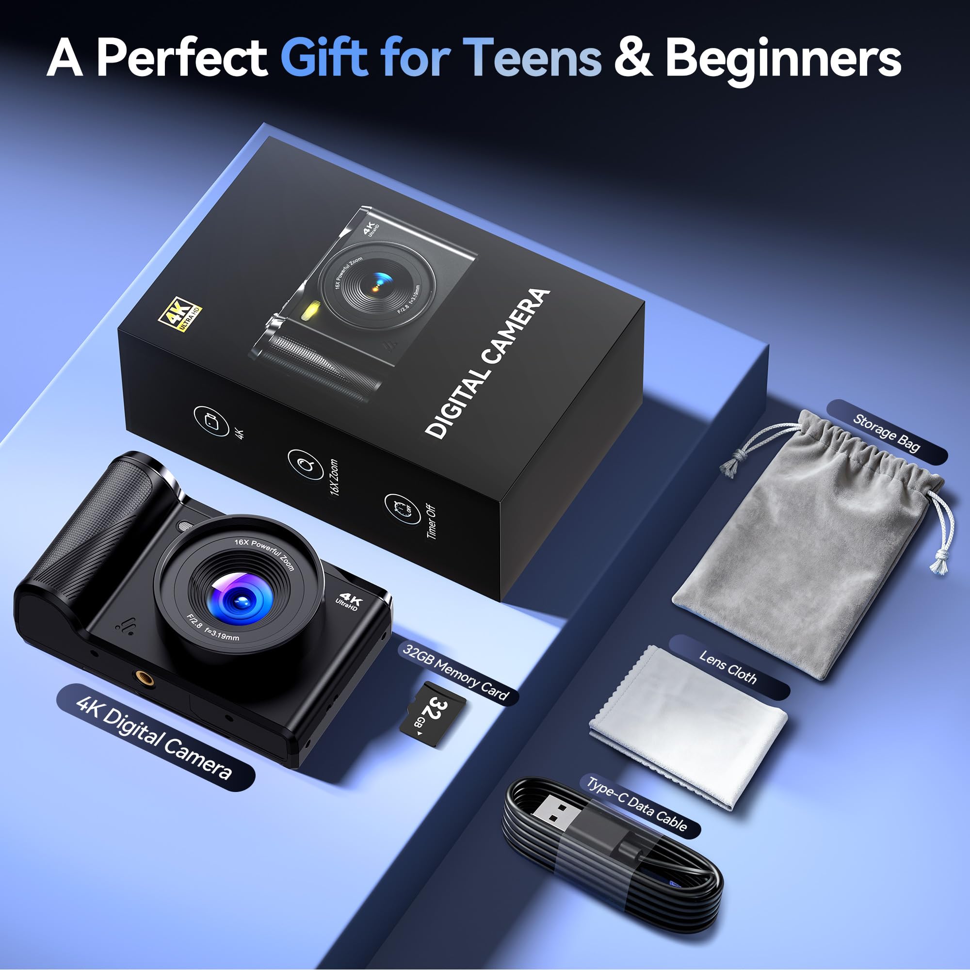 Appareil Photo Numérique 4K Digital: 56MP Appareils Numérique avec molette de Mode Écran Rabattable 180° - Camera pour Vlog avec Carte 32GB - pour Adolescents Débutants Adultes Enfant