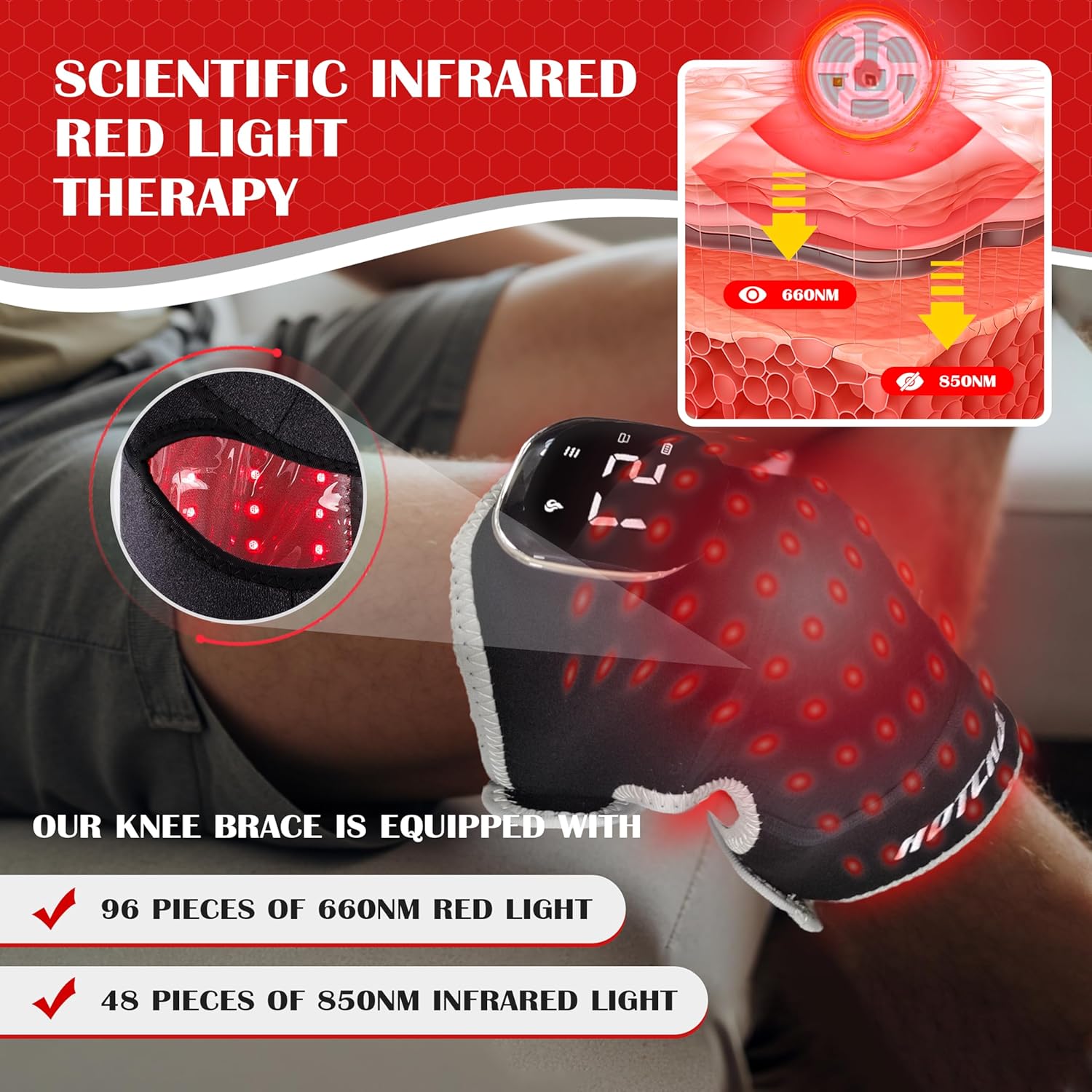 Wireless Red Light brace Knee Brace with Vibration Massage - 660nm & 850nm , Fast Recovery, Rechargeable Device
