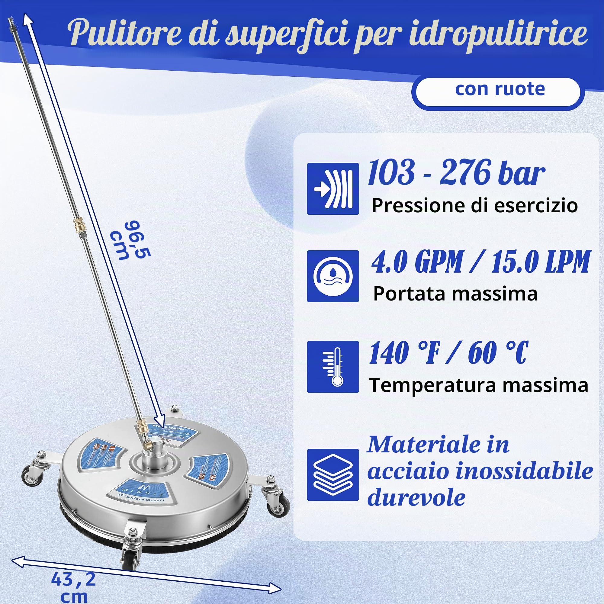 M MINGLE Pulitore per superfici idropulitrice da 43,2 cm, accessori per idropulitrice con 2 bacchette e ugelli di ricambio, connessione rapida da 1/4", 4000 PSI