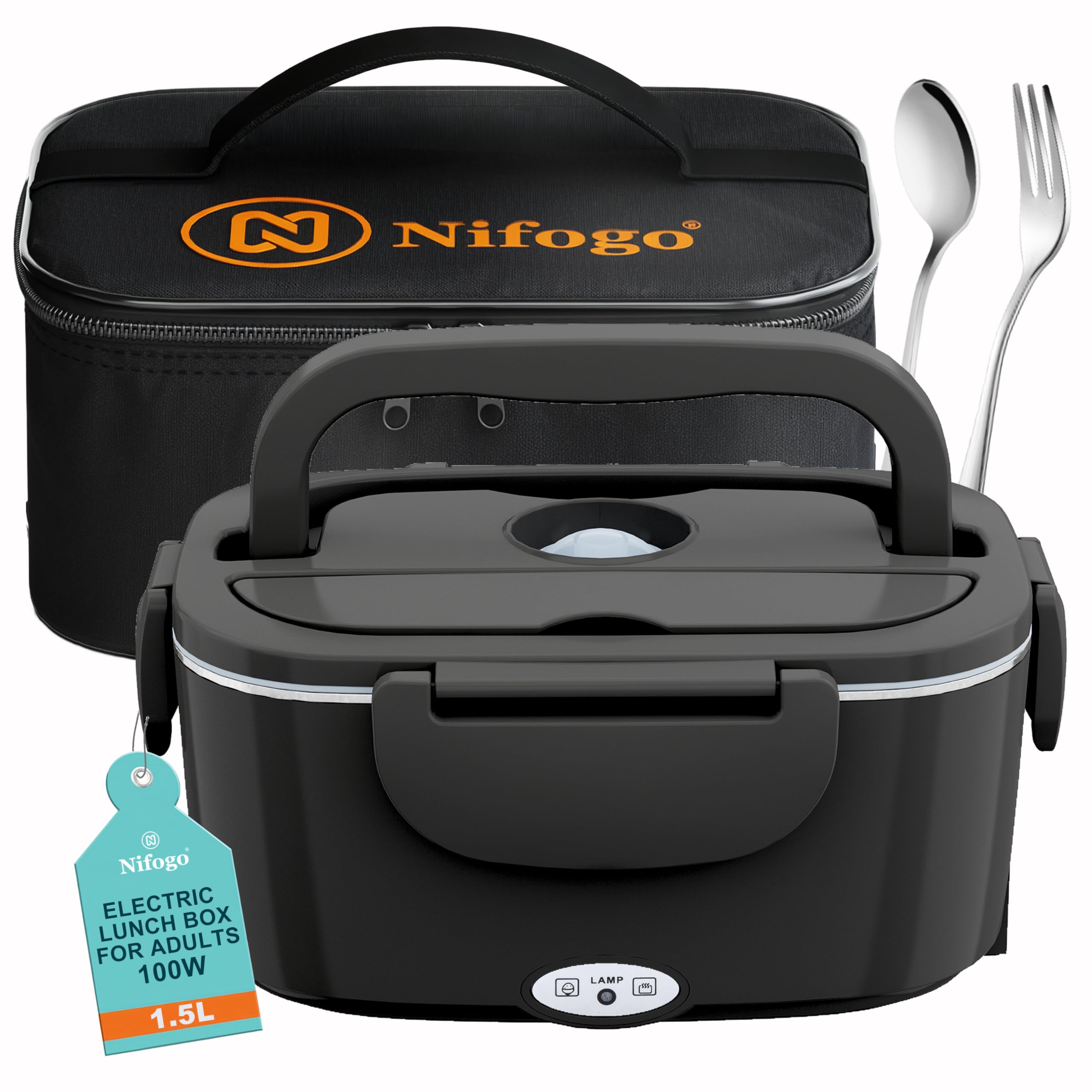 Nifogo Scaldavivande Elettrico 100W Lunch Box Elettrica 3 in 1 Contenitore Portavivande 1,5L l'ufficio, casa, Auto, Camion 12V 24V e 230V con Grigio Borsa isolante e Set di Posate(Nero)