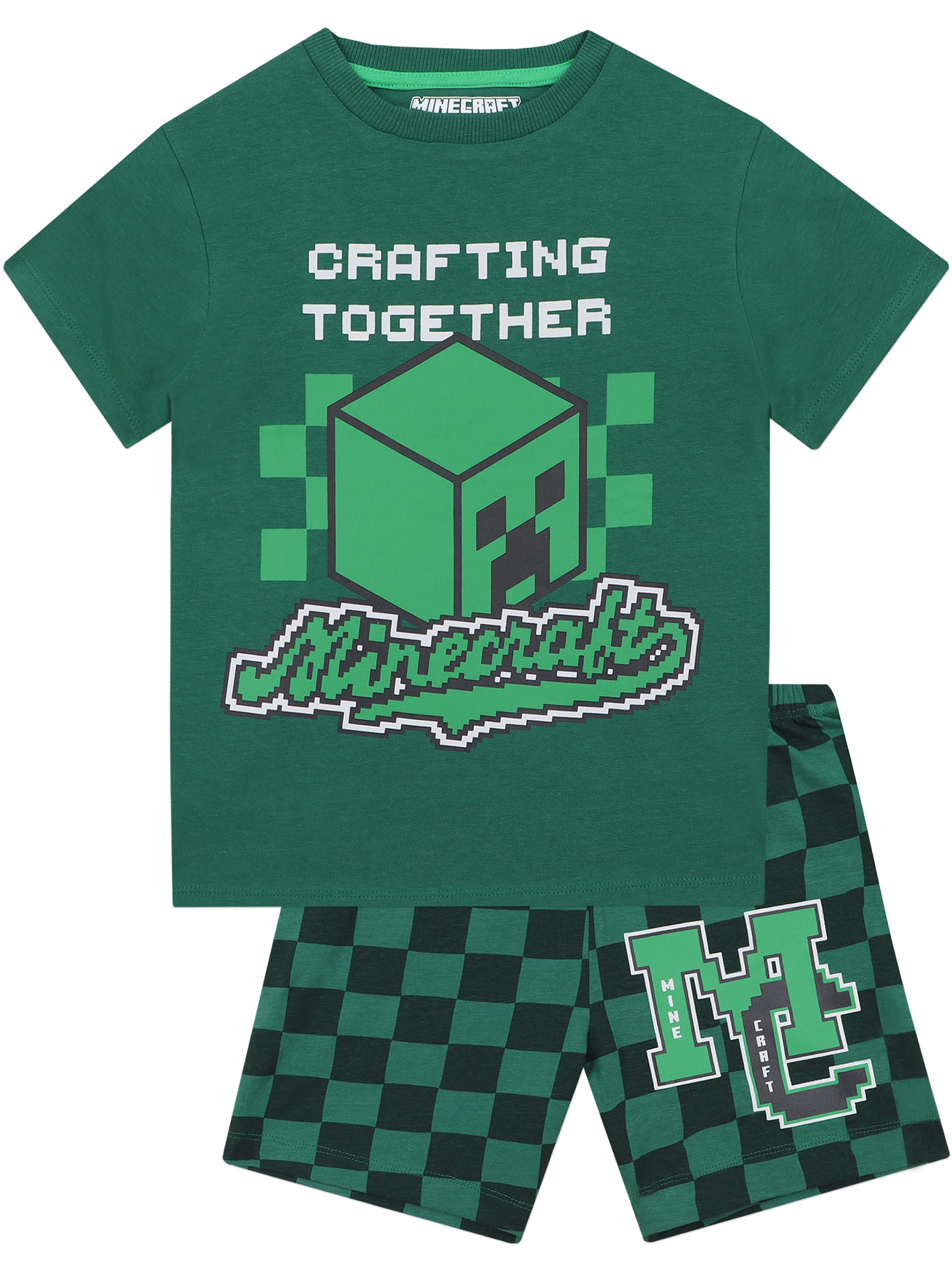 Minecraft Boys Green Pyjamas, Cotton Kids Pyjamas, Short Sleeve Creeper Pjs, 8-9 Years