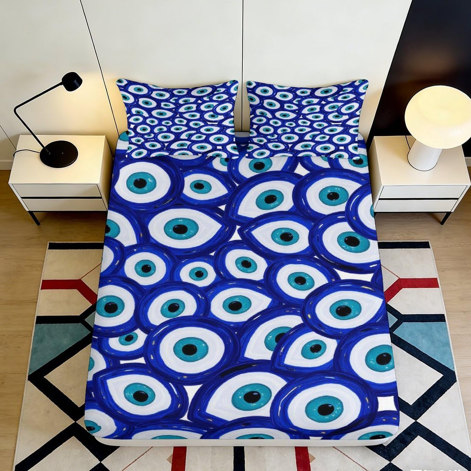 3D Printed Evil Eye Fitted Sheet Microfiber Soft Blue Boho Eye Pattern Mattress Cover for Bedroom Dorm Decor 90x200x25cm