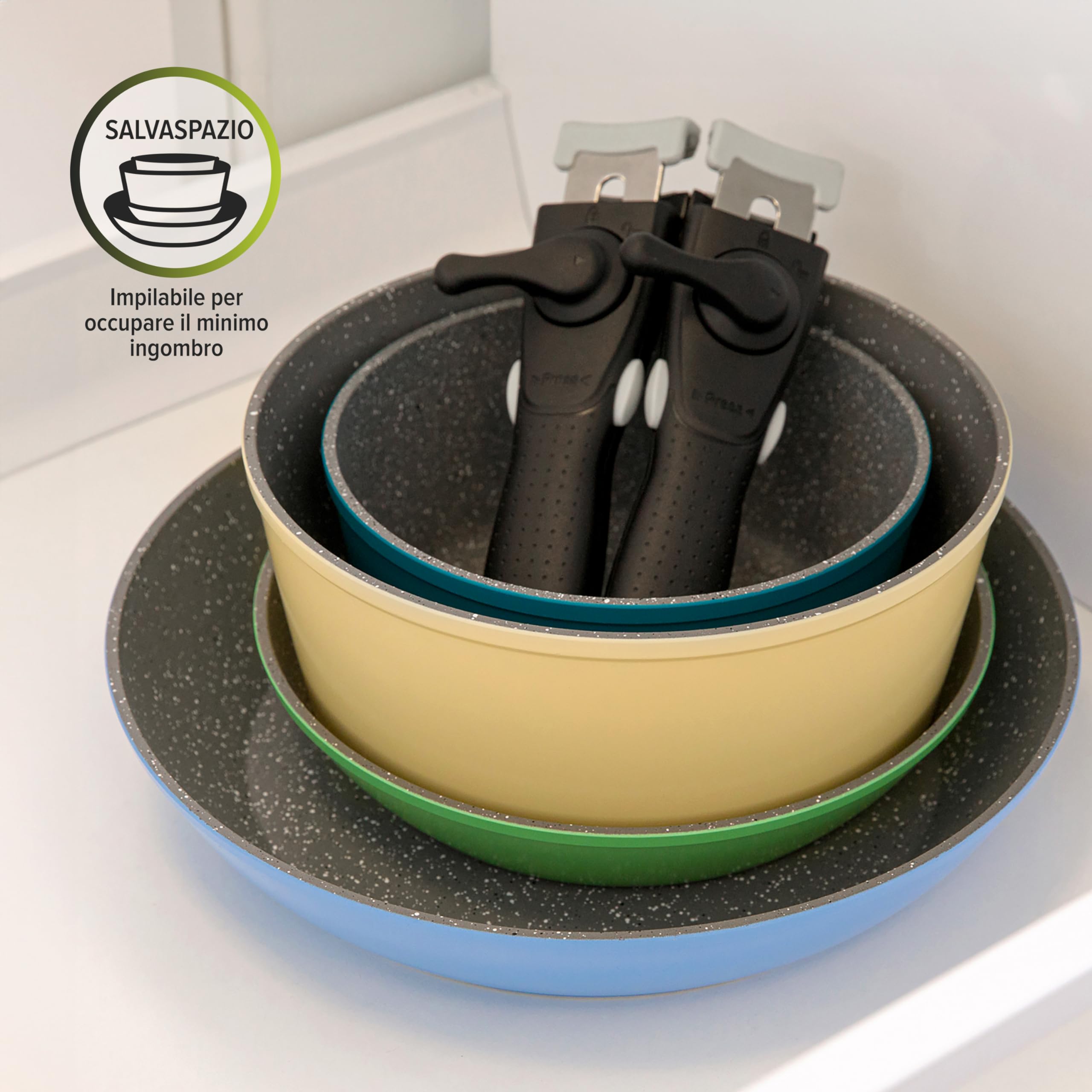 KASANOVA Set Pentole Induzione Young con Manico Staccabile, Batteria di Pentole e Padelle Antiaderente per Fornelli, Induzione e Forno, con 2 Padelle, 2 Pentole e 2 Manici Staccabili