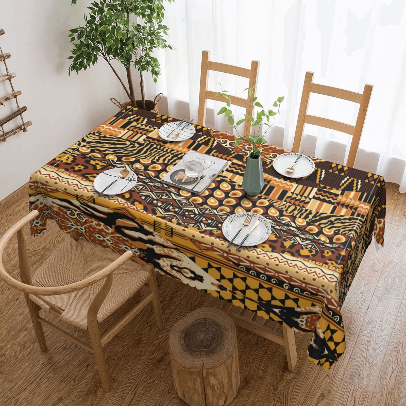 Augustrush African Style Patchwork Rectangle Tablecloth 72X54 Inch, Tablecloths, Water-Resistant Polyester Table Cover, Spill-Proof Wrinkle-Free Washable Dining Table Linen For Wedding, Party, Picnic