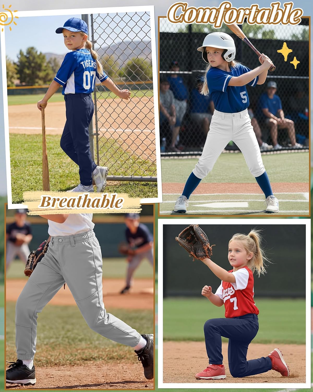 Halfchet 3 Pack Girls Softball Pants Youth Practice Baseball Stretchy Pants with Pockets Belt Loops Toddler for 4t-14y Kids