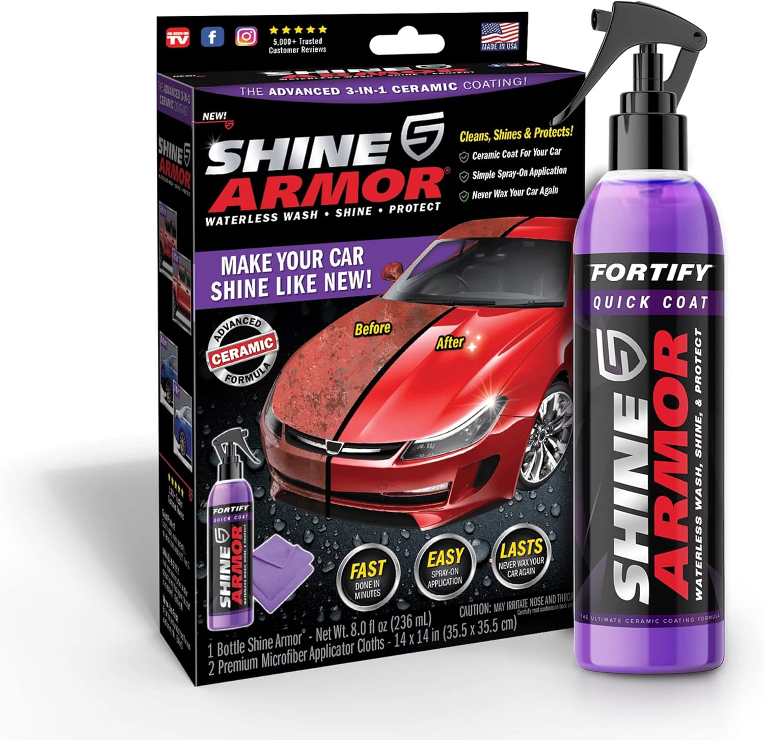Shine Armor Fortify Quick Coat Ceramic Spray Wax - 3-in-1 Waterless Car Wash, High Gloss Coating for Cars Trucks Boats - 8oz Made in USA
