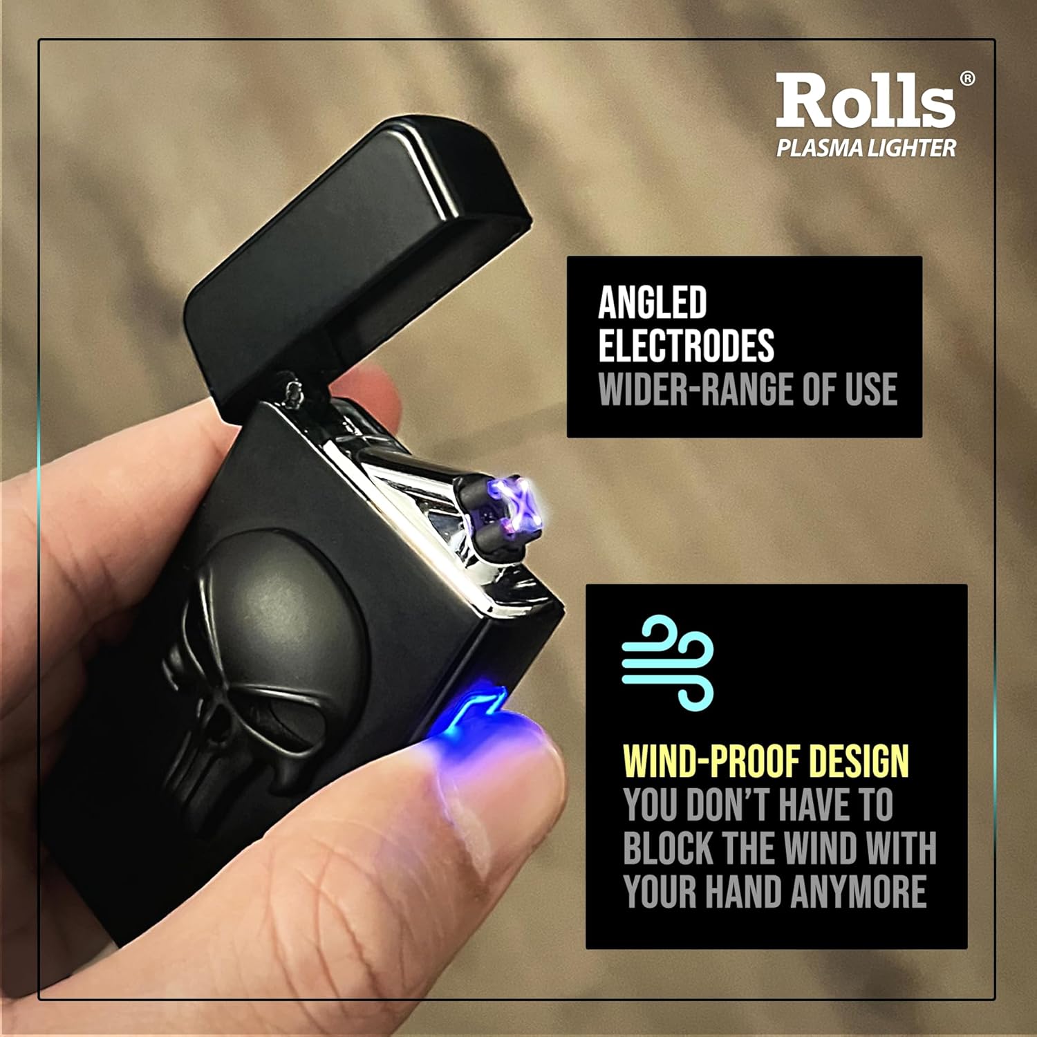 Rolls Electric Lighter - Stocking Stuffers - Gifts for Men - Cool Lighters - Electric Lighters Rechargeable - Mens Gifts - Skull Lighter - Birthday Gifts for Men - (Black Skull)
