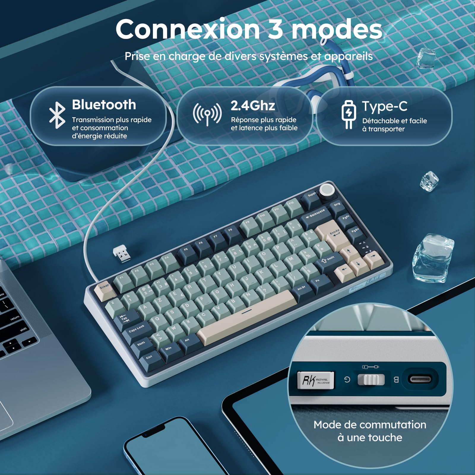 RK ROYAL KLUDGE R75 Clavier Gamer Tir Mode Gasket Mounted, sans Fil Mécanique RVB, AZERTY Français avec Knob, TKL 75% Hot Swap QMK/Via, PBT Keycaps, Creamy Switch