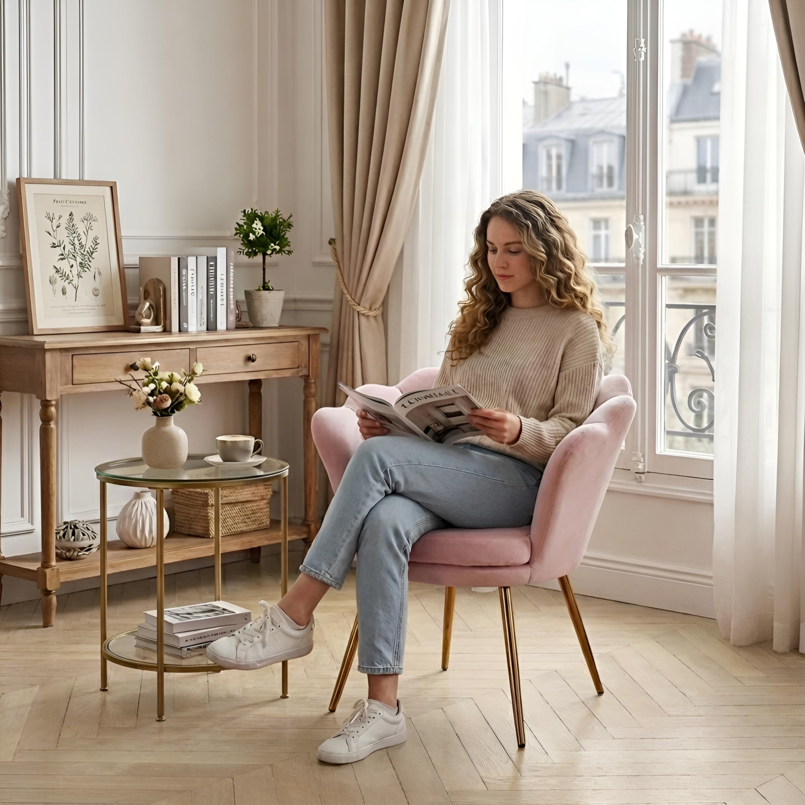 chairus Fauteuil de Salon Moderne Chaise Coquillage avec Pied Métal Fauteuil Coiffeuse Coussin Confortable pour Chambre/Salon (Rose Clair)