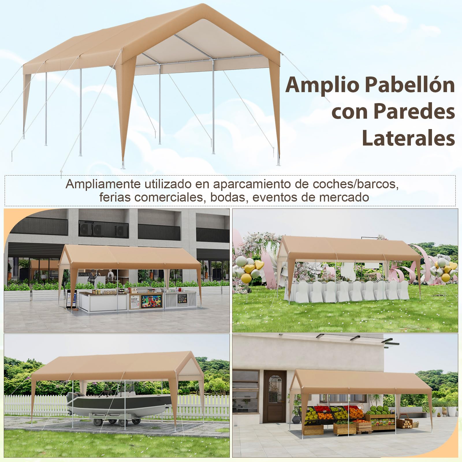 COSTWAY Carpa de Garaje Portátil de 3 x 6m, con Estructura de Metal Galvanizado, Lona Exterior para Coche, Barco o Fiesta (sin Laterales Removibles)