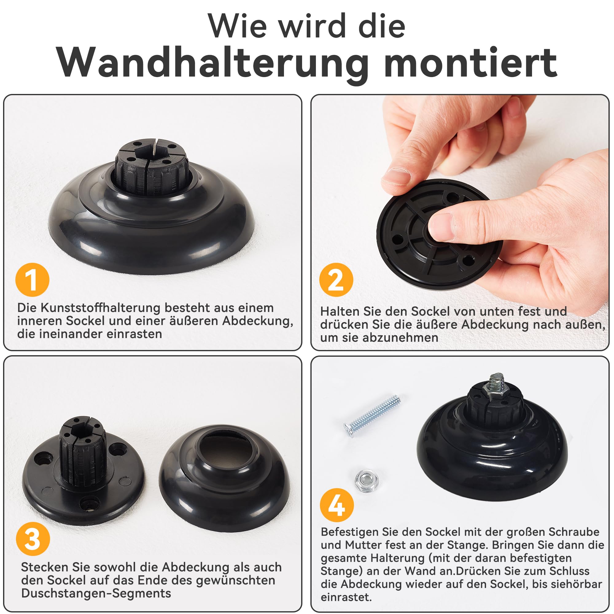 Duschvorhangstange U Form Duschstange 88x176x88 cm | Eckduschstange aus Stahl, Matt Schwarz | Inkl. Deckenstütze & 12 Haken | Montageset