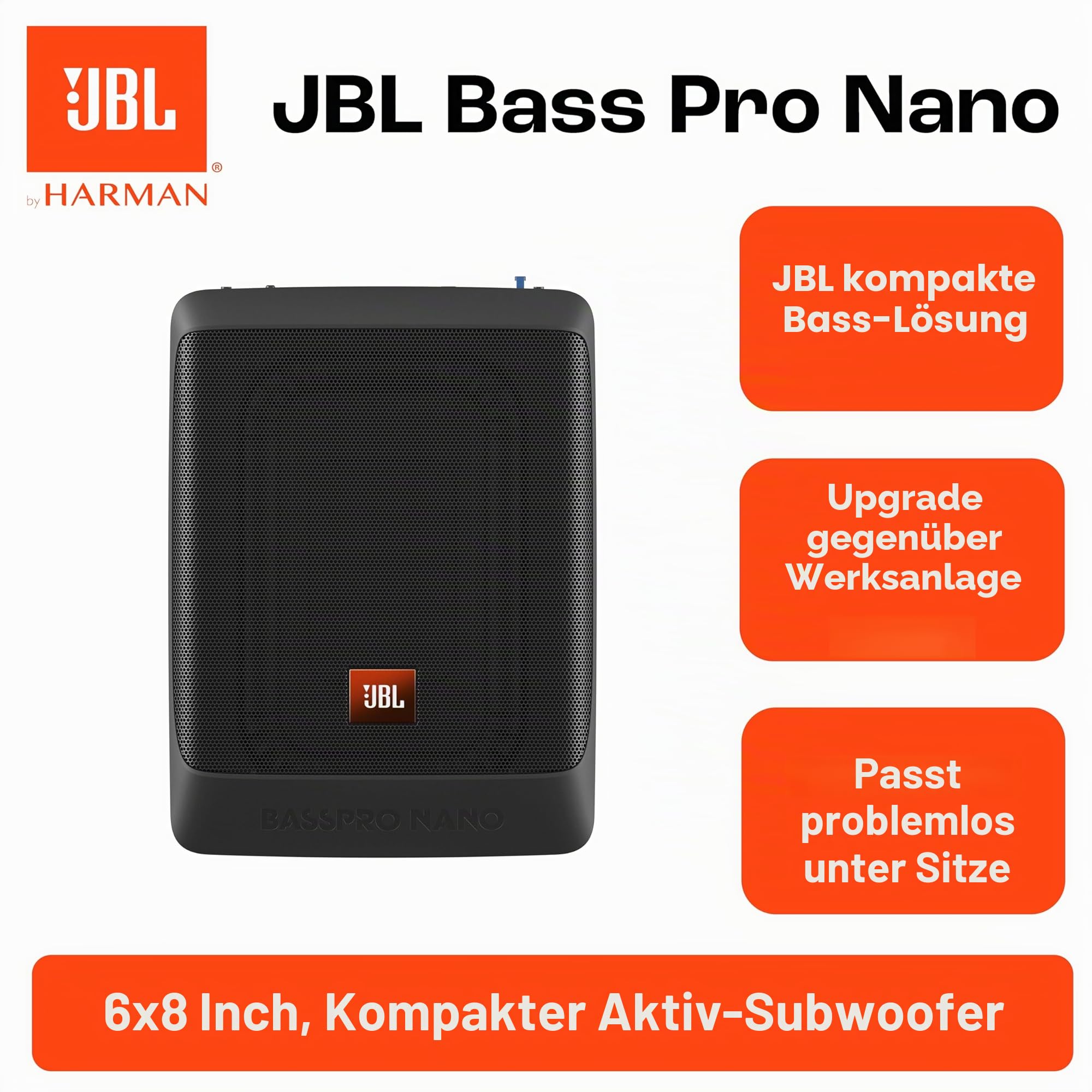 JBL BassPro Nano Ultra-Kompaktes aktives Untersitz Subwoofer Set 15 x 20 cm - 200 Watt Unter sitz Auto Subwoofer Aktiv, schwarz
