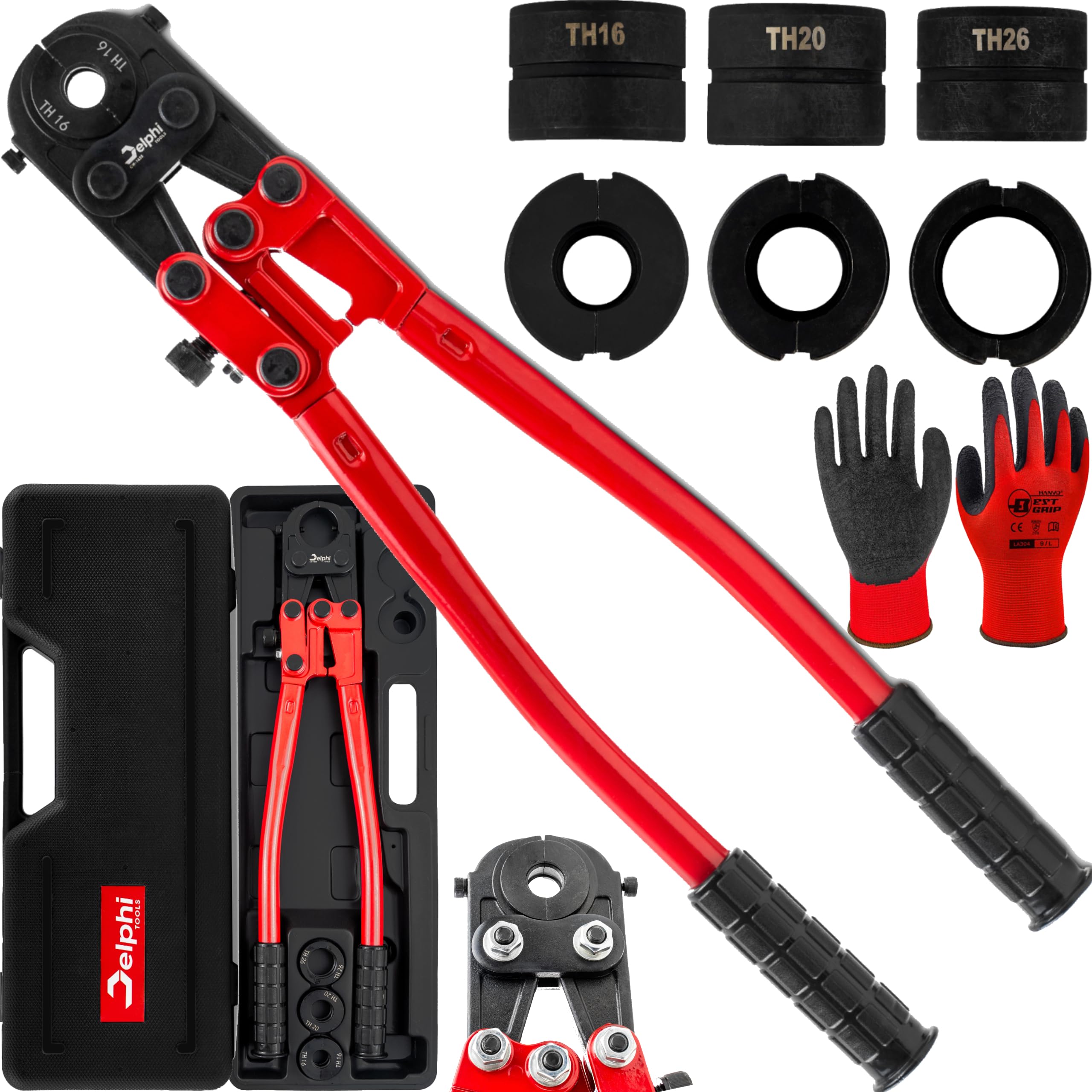 DELPHI Set di pinze idrauliche per tubi TH Ø 6-26 mm, pinza crimpatrice a 360°, con regolazione della pressione, pinza per tubi a pressione professionale, strumento di base idraulico manuale per tubi