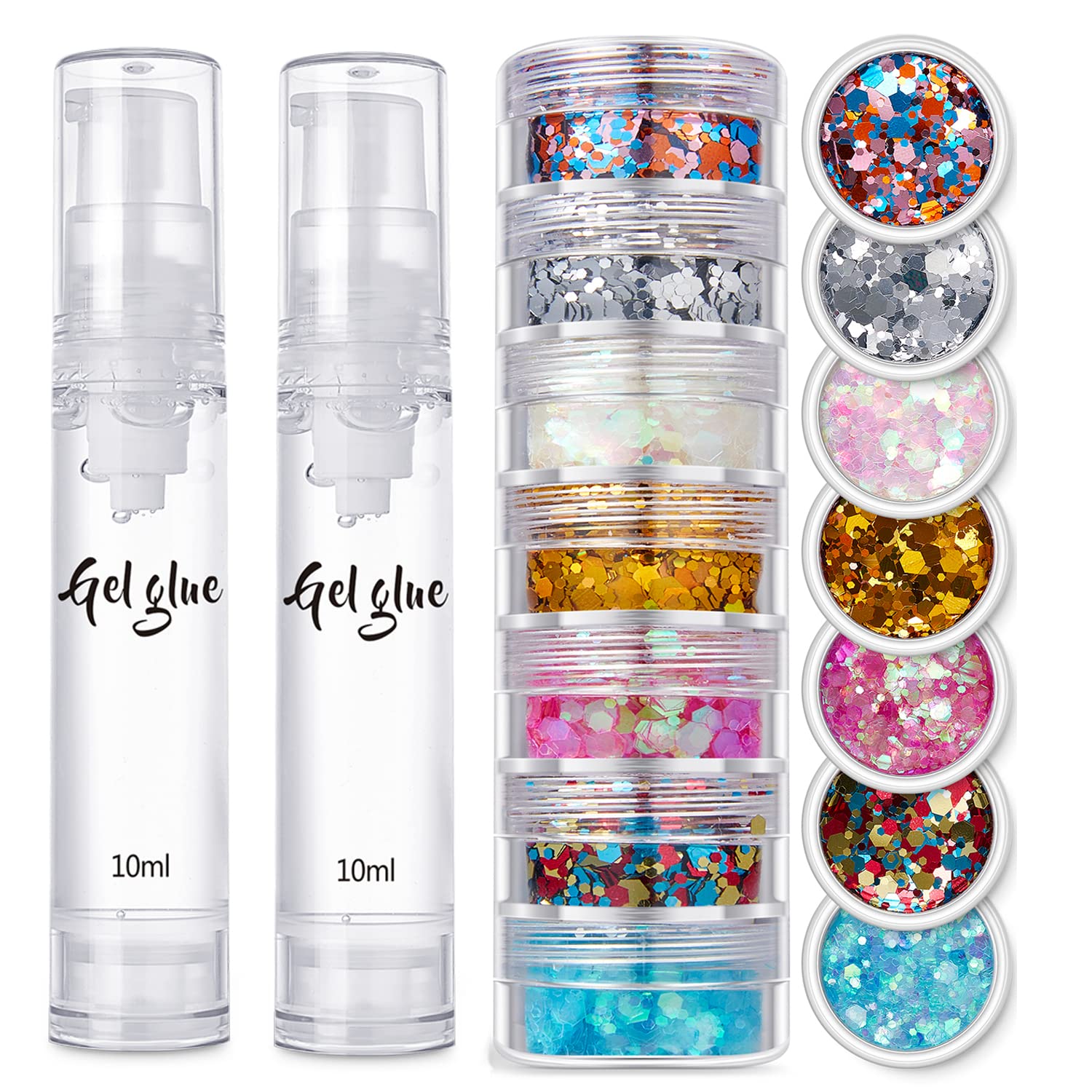 Body Glitter+Gel Kit,JASSINS Holographic Face Glitter,7 Style Fine Glitter for Art Nail,Hair, Eye,Eyeshadow Makeup. (Color-2)