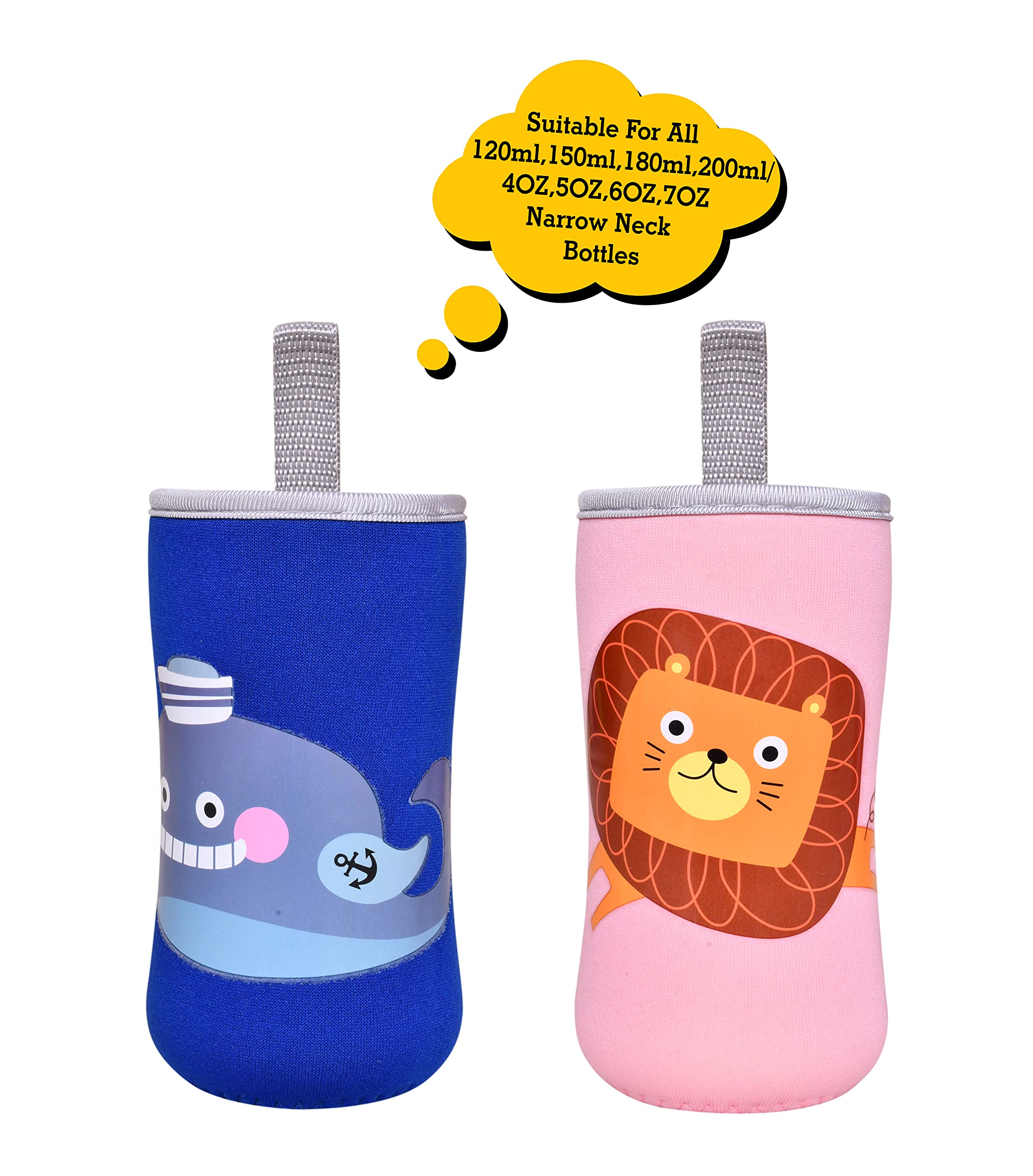 THE LITTLE LOOKERS Cute Animated Patterned Soft Stretchable Baby Feeding Bottle Cover with Easy to Hold Strap for 120ml, 150ml, 240ml (Fish & Lion, Pack of 2) - Image 2 thumbnail