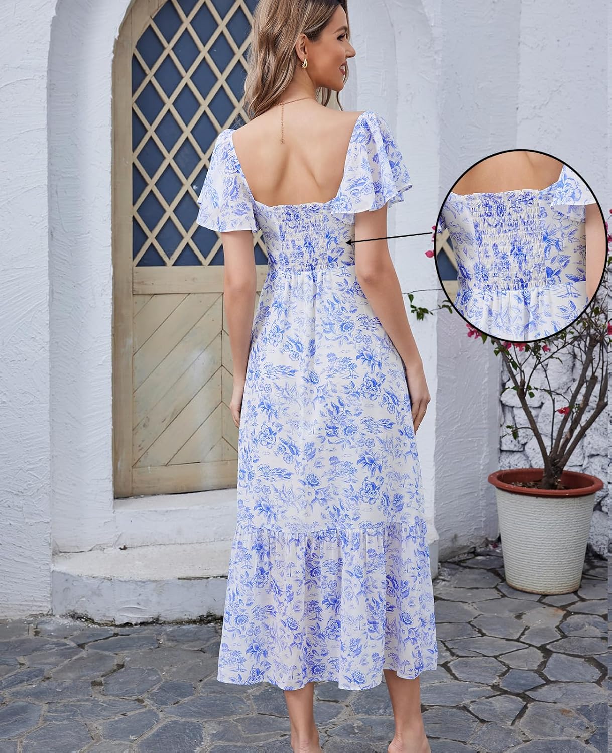 GLNEGE Women's 2025 Summer Midi Floral Boho Dresses Casual Flowy Beach Short Sleeve Dress Ruffle Hem Smocked Sundresses - Image 4