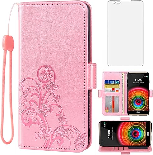 Asuwish Compatible con LG X Power Wallet y protector de pantalla de vidrio templado, accesorios de bolso, correa de muñeca, tarjetero de crédito,