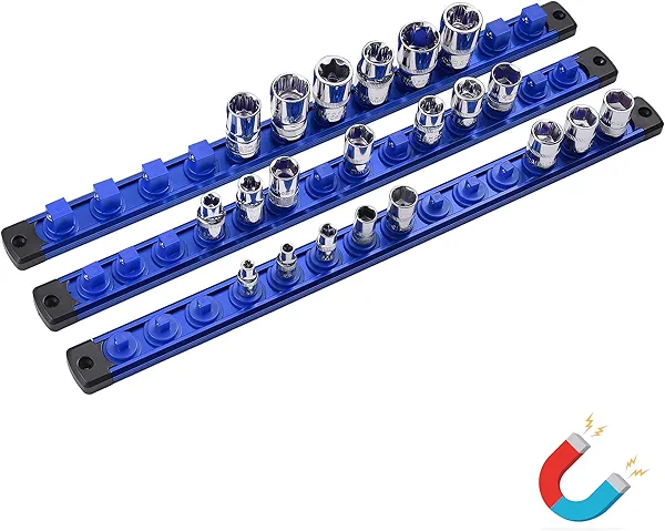 ALOANES Magnetic Socket Organizer Set, 3-Piece Heavy Duty Aluminum Socket Holder Socket Rail Organizer for Tool Box, 360° Swivel Clips Socket Rack 1/4, 3/8, 1/2-Inch x 40 Clips (Blue)