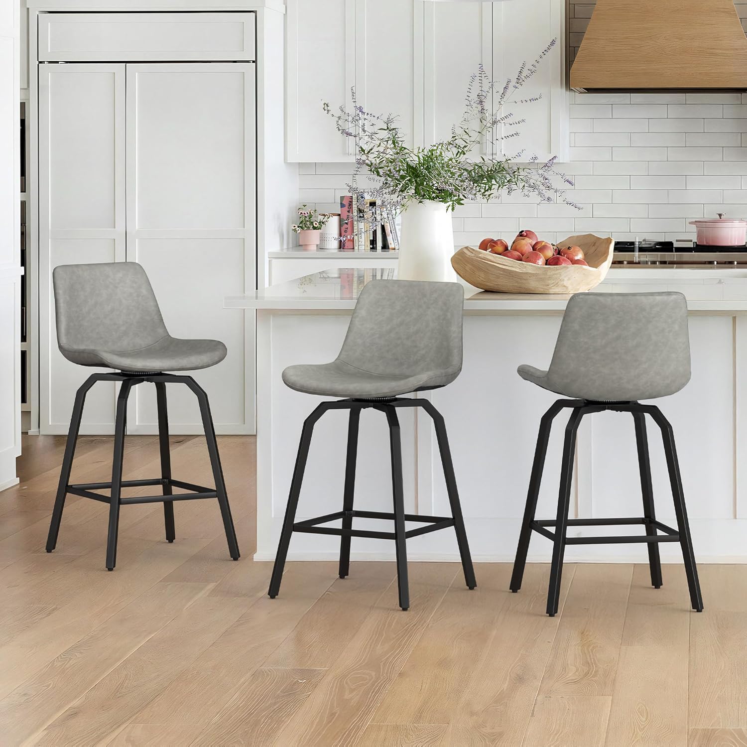 LUE BONA 360° Swivel Bar Stools Set of 3, 26 Inch Counter Height Bar Stools, Modern Faux Leather with Enlarged Seats, Metal Legs for Kitchen Island, Dining, Black