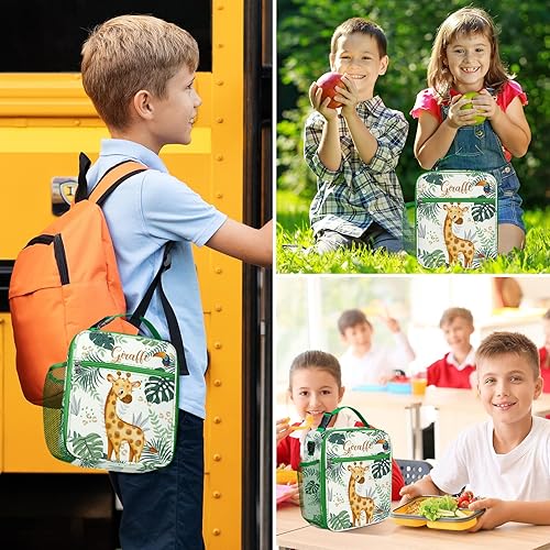 Miniatura 7 de Clastyle Lonchera aislada de jirafa amarilla para niños, animales verdes, bolsa de almuerzo escolar, bolsa grande portátil para picnic al aire