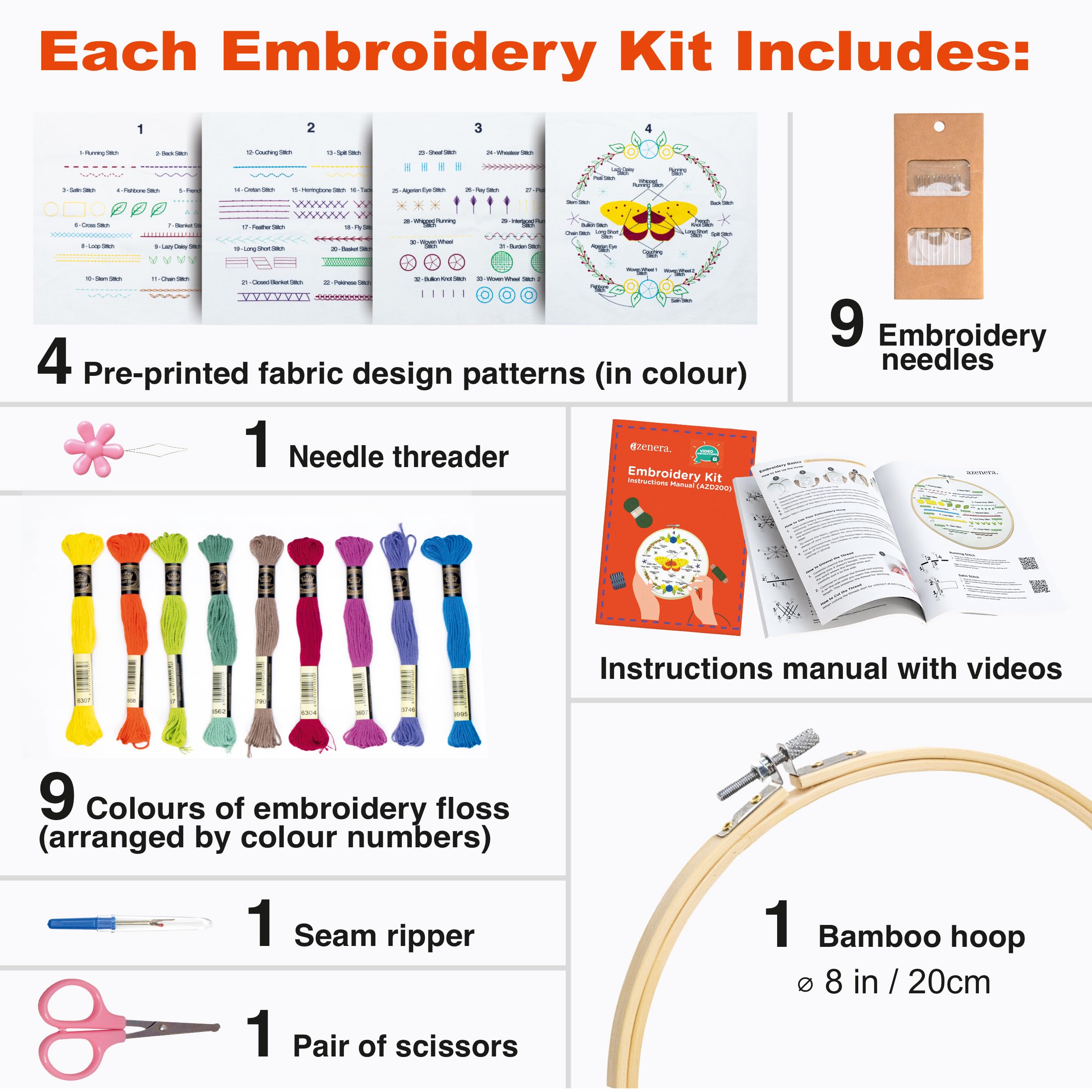 Azenera Beginner Embroidery Kit (4 Pack) Learn 33 Stitches with Easy DIY Video Tutorials, Coloured Design Patterns - Image 3