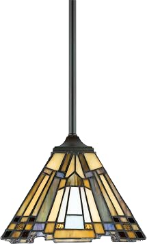 Quoizel TFIK1508VA Inglenook Tiffany Style Classic Geometric Handmetric Mini Pendant Lighting، 1-Light 100 Watt، 7 "H x 8" W، Valiant Bronze