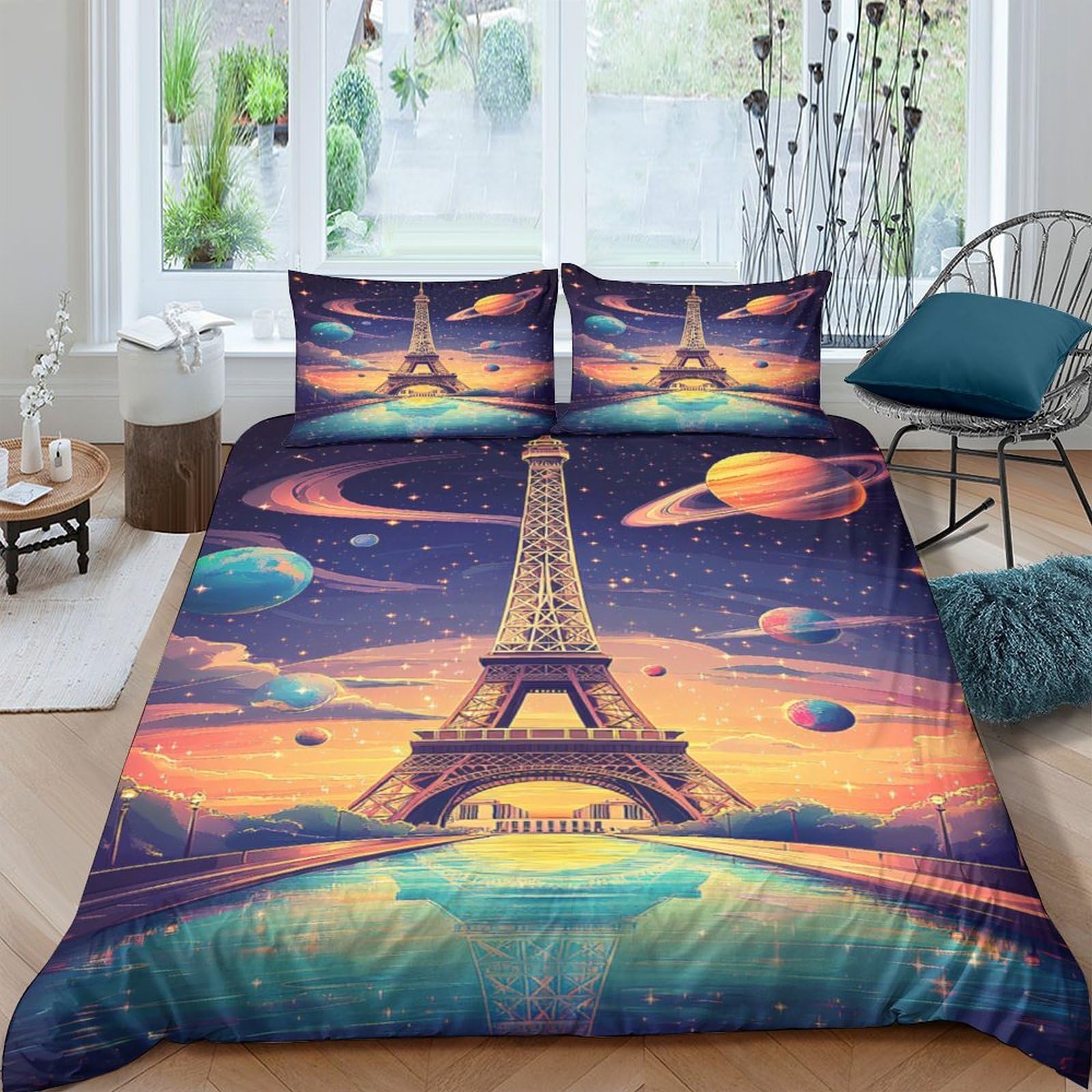 Ctjqhvkz Style-9 3D Printed Paris Galaxy Fitted Sheet Microfiber Soft Bedroom Decor Cosmic Planets Mattress Cover Single（135X200cm）