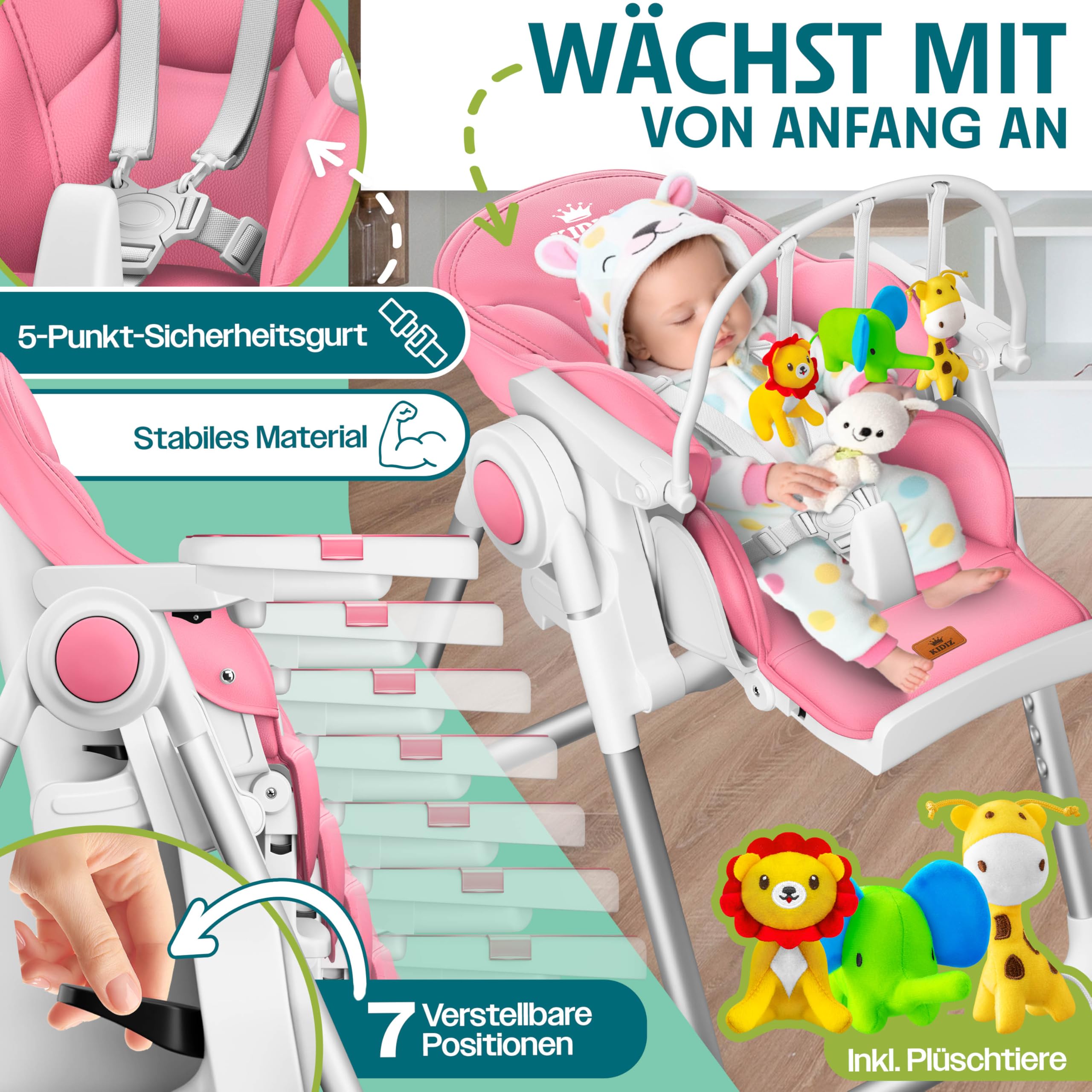 KIDIZ® Chaise haute 3 en 1 | Chaise haute pour enfant avec arceau de jeu, chaise longue pour bébé, chaise haute combinée, Siège haut pour bébé,7 hauteurs réglables, rose