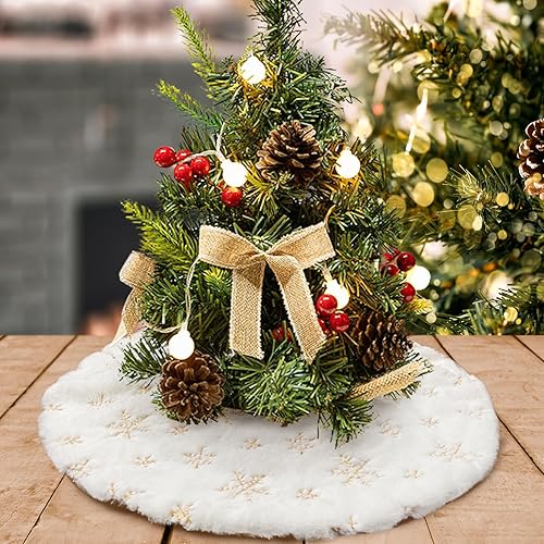 Vista 17 de Faldones de felpa para árbol de Navidad, 36 pulgadas, tapete de lujo de piel sintética blanca nevada con copos de nieve dorados para decoración