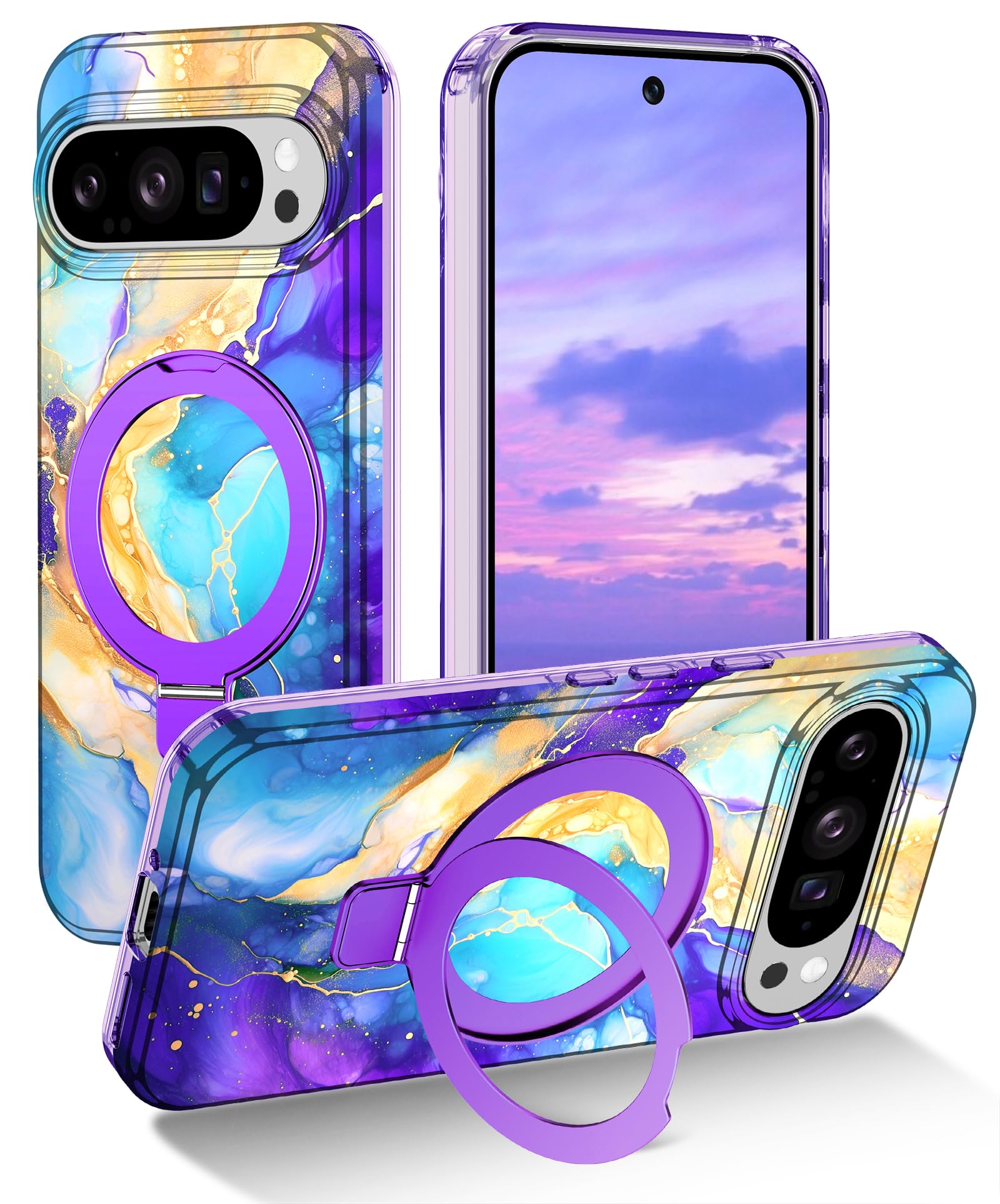 LamcaseMagnetic for Google Pixel 9 Pro XL Case with Ring Stand [Compatible with MagSafe], Hard PC Slim Full Body Drop Protective Women Girls Men Phone Case for Google Pixel 9 Pro XL, Purple/Blue