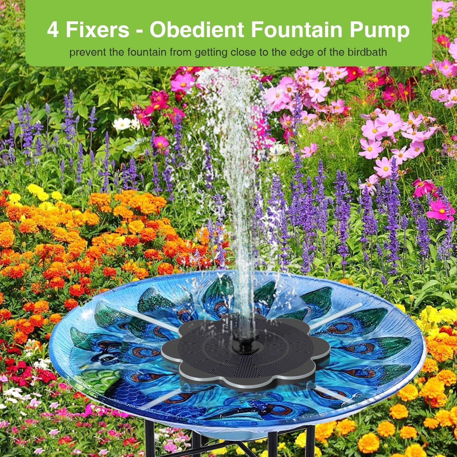 SZMP Solar Springbrunnen, 2000mAh Akku - Arbeiten an Trüben Tagen - Solar Teichpumpe, Wasserpumpe Solar Schwimmender Fontäne mit 8 Effekte & 4 Fixe Rohre für Garten,Vogel-Bad