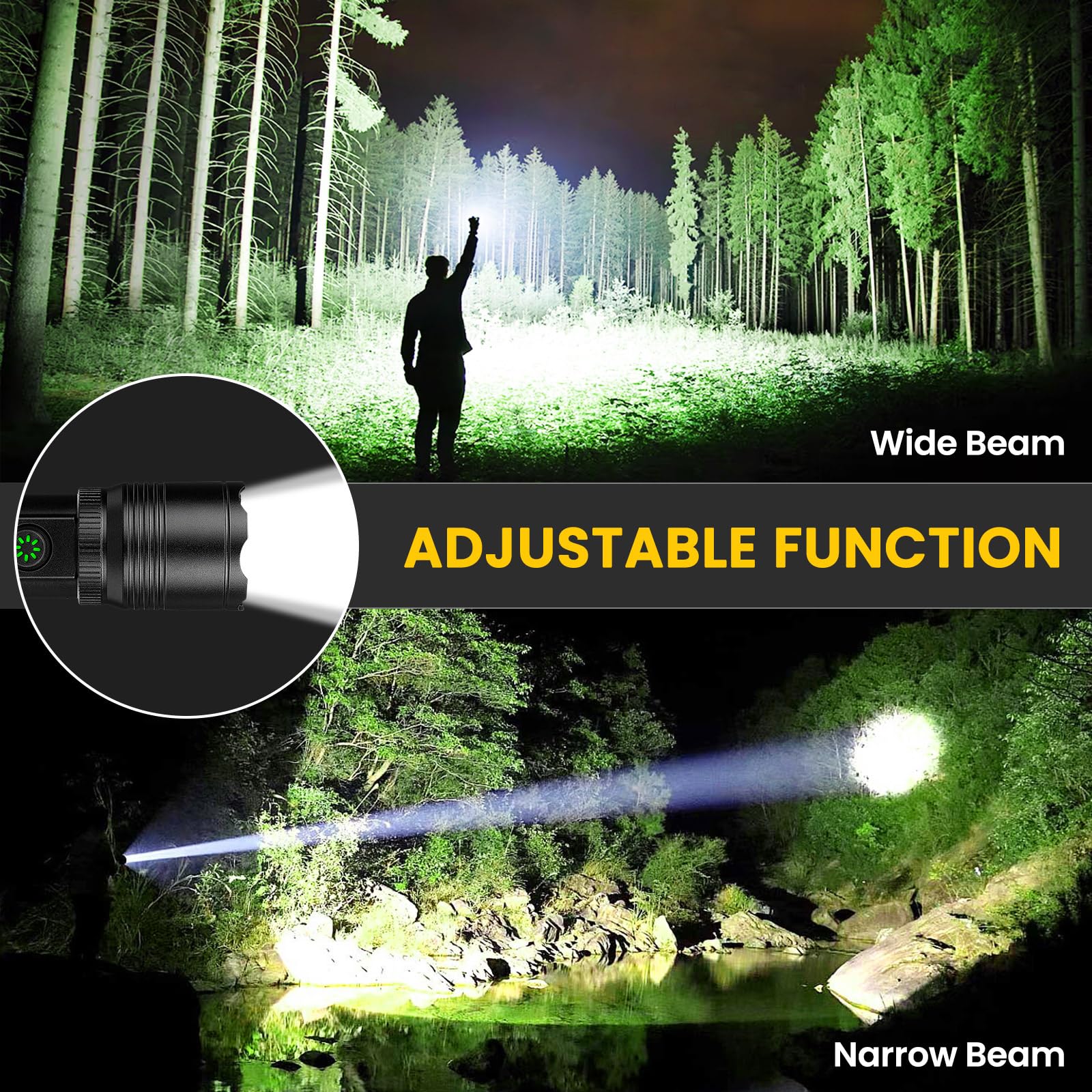 azamine Linternas recargables de alto lúmenes, 90000 lúmenes, luz de flash súper brillante con 6 modos, linterna LED de mano potente ajustable para acampar en casa