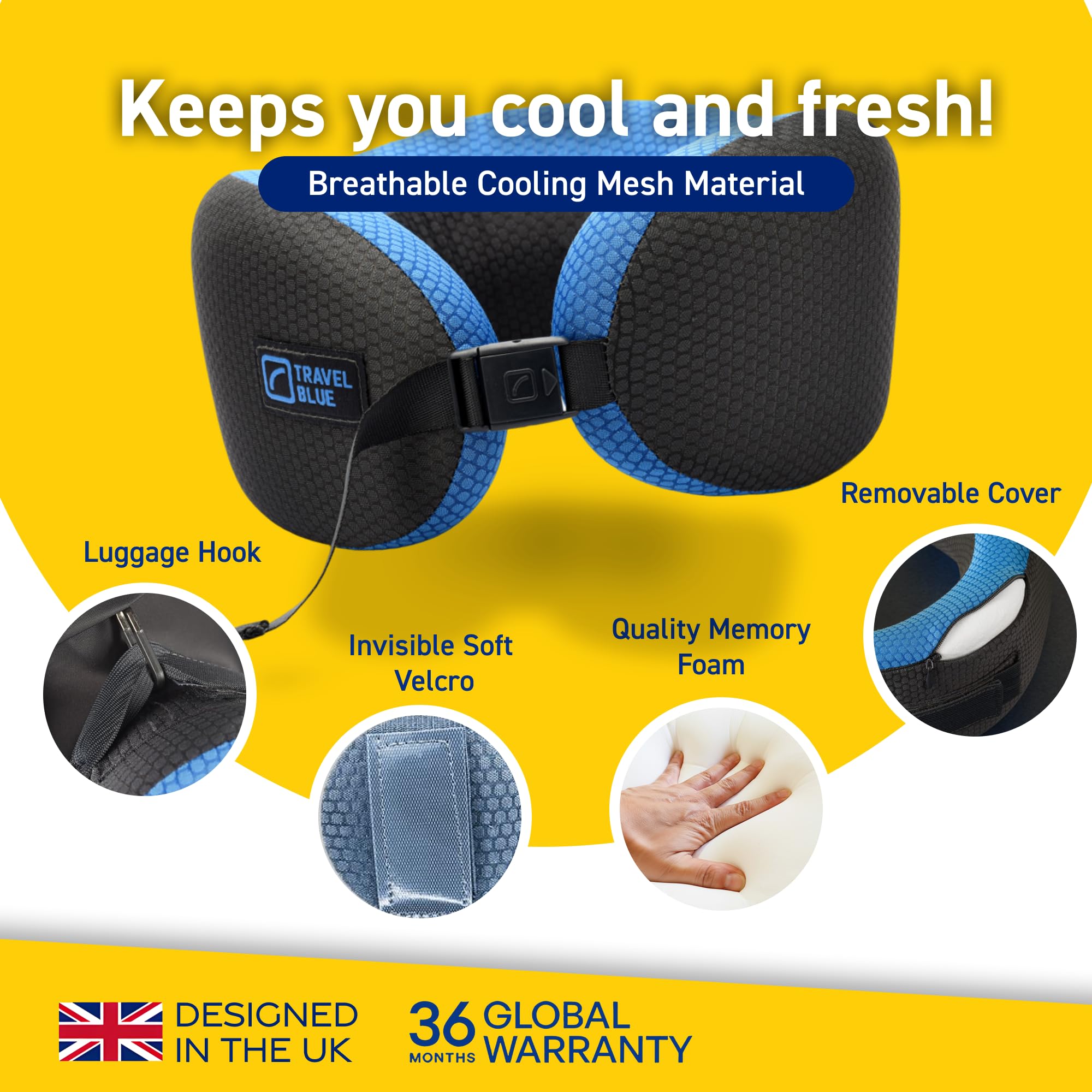 Travel Blue Dreamer Almohada de Viaje para Cuello - Cojín de Viaje - Almohada Viscoelastica, Ergonómica, Malla Transpirable, Funda Lavable, Compacta, Ligera Avión, Coche, Tren (Blue)