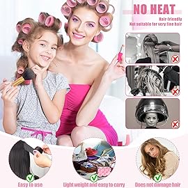 4 Sizes Self-Grip Hair Rollers Set for Long, Short Hair and Bangs - 50 Pcs with Clips (25mm, 36mm, 48mm, 60mm), Pink
