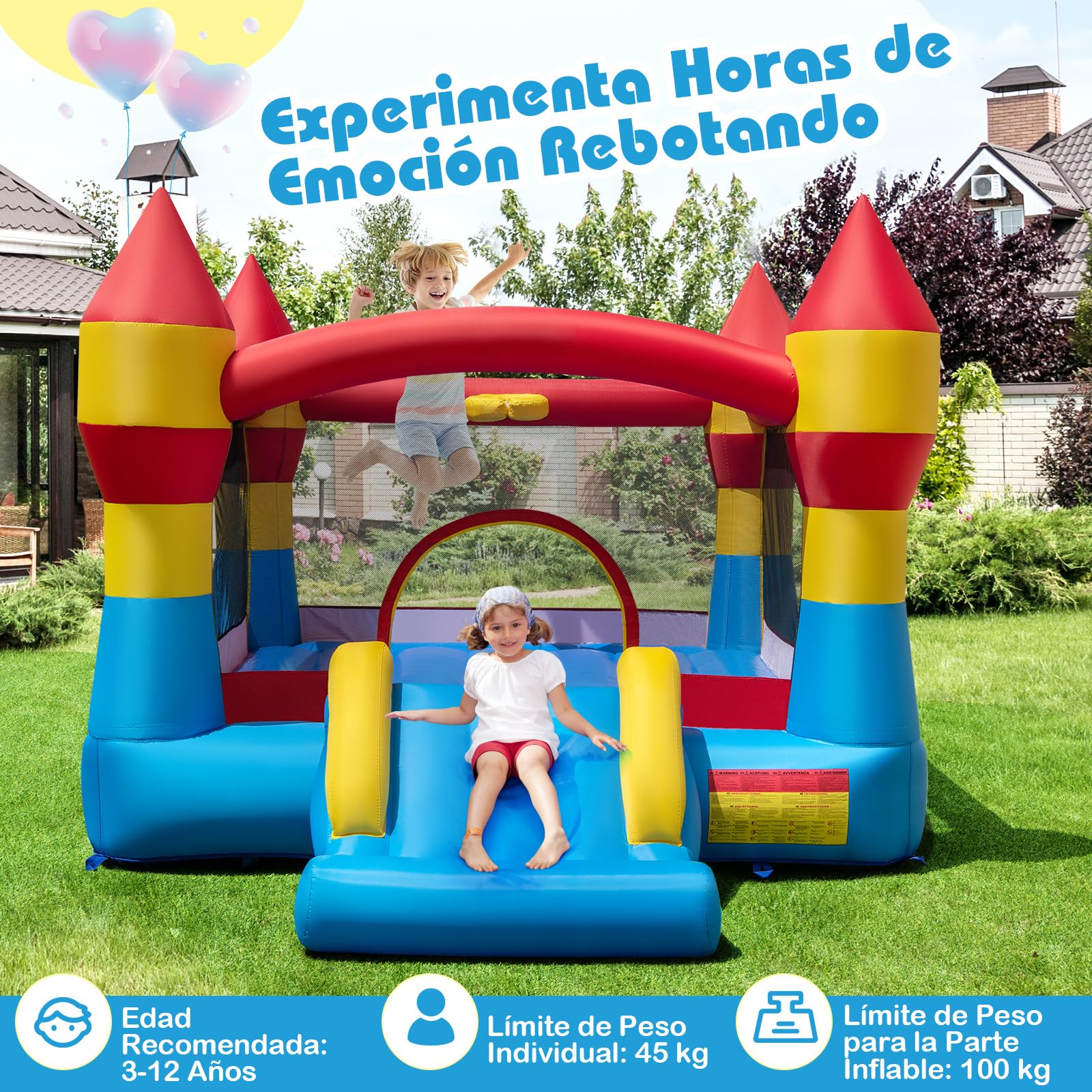 COSTWAY Castillo Hinchable con Tobogán y Aro de Baloncesto para Niños, 370x280x230cm Infantil Juguete para Parque Patio Jardín (con Soplador 550W)