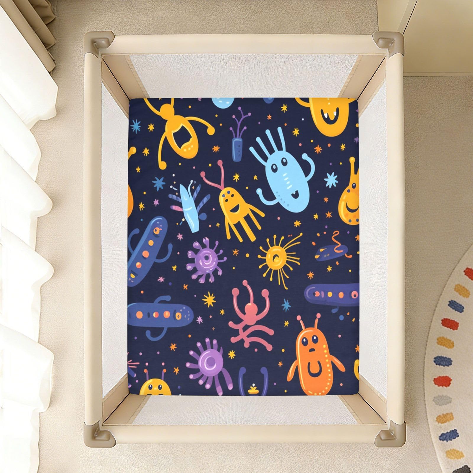 Lindo Dibujos Animados Estrellas Alien Sábana de Cuna para Niños Pequeños,Sábanas de Algodón Suave para Bebés Aptas para Colchón Corralito