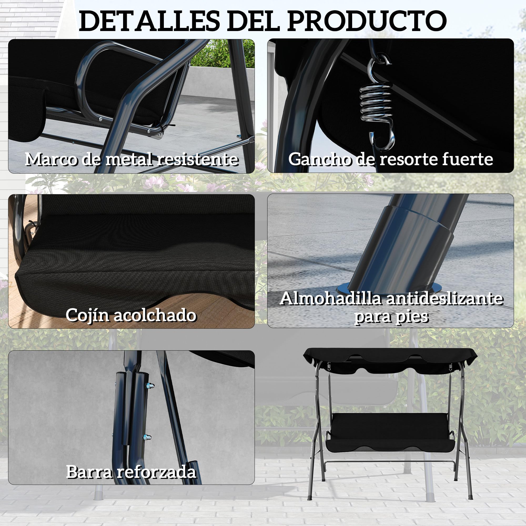 Outsunny Columpio de Jardín de 2-3 Plazas Impermeable 170x110x153 cm Negro | Balancín de Exterior, Toldo Ajustable en Ángulo, Marco de Acero, para Patio, Balcón