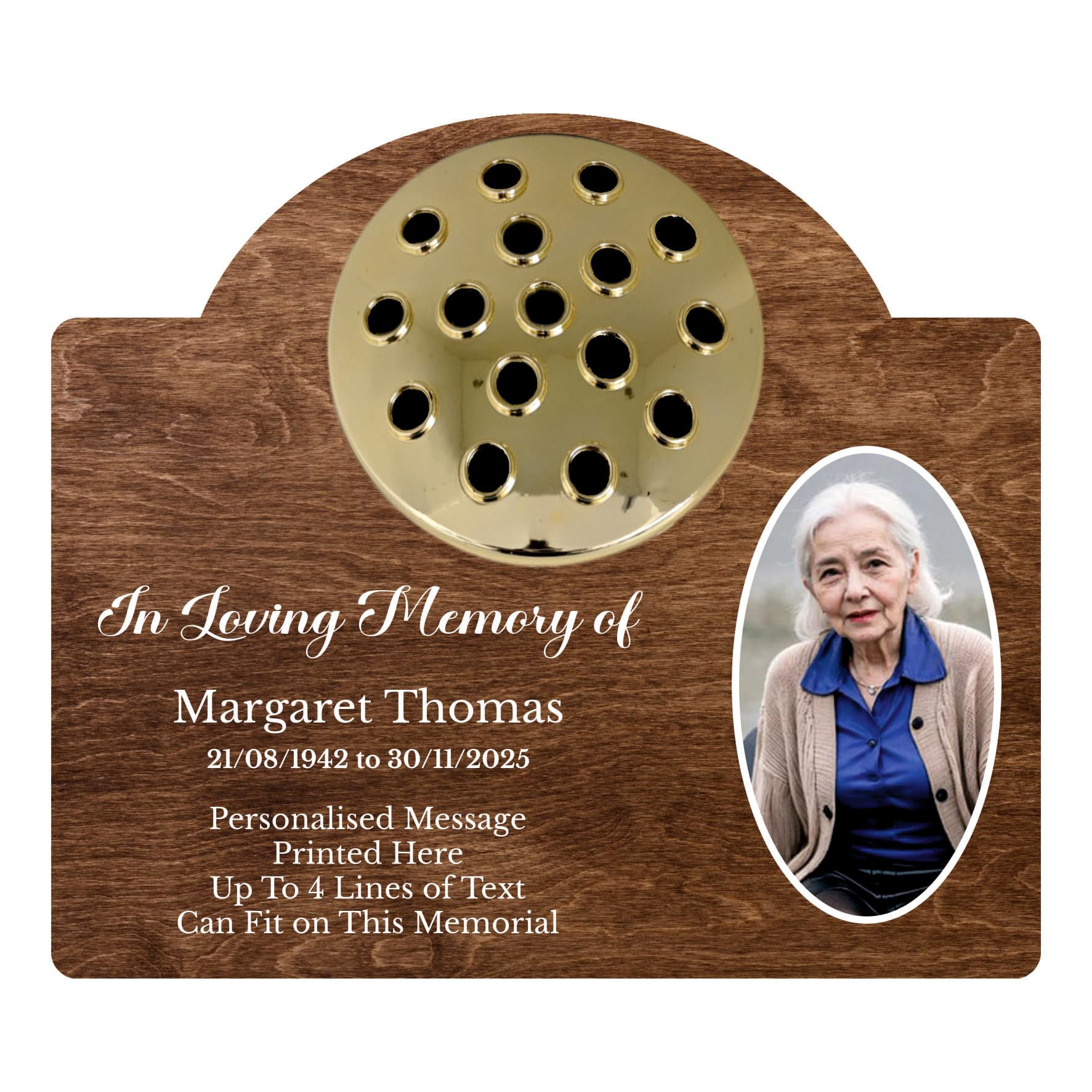1stclassgifts Personalised Metal Grave Stone Marker Headstone Memorial Plaque, In Memory Sign Remembrance Your Photo Grave Vase Flower Holder (UV PRINTED) (Dark Wood, Gold Lid) — image 1