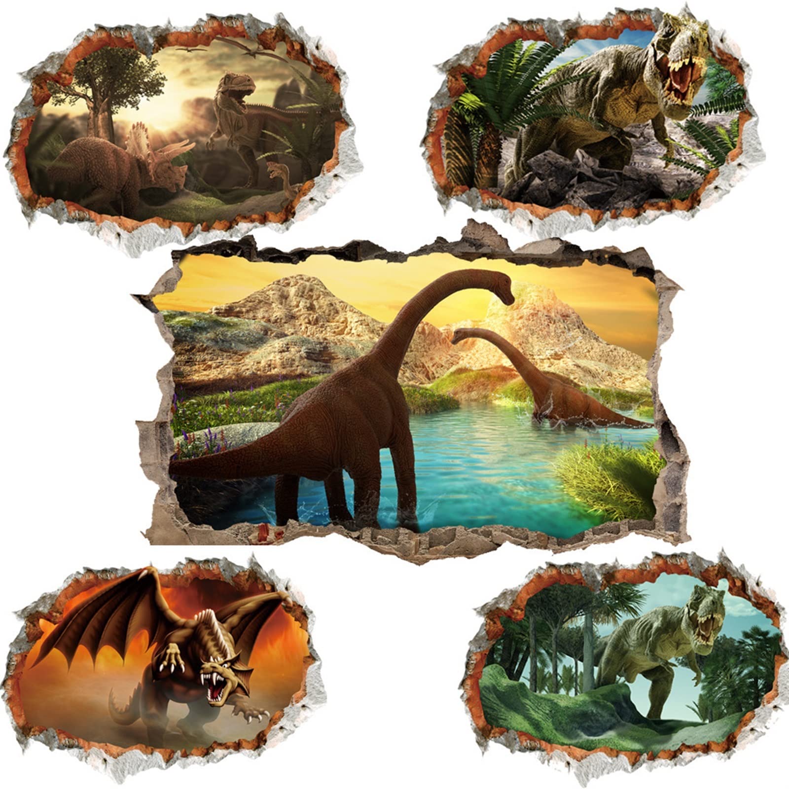 5 Sheets 27.5 inch Dinosaur Wall Decals Dinosaur Forest Wall Stickers Self Adhesive 3D Smashed Wall Arts Removable Wall Mural Decals for Kids Nursery Bedroom Living Room