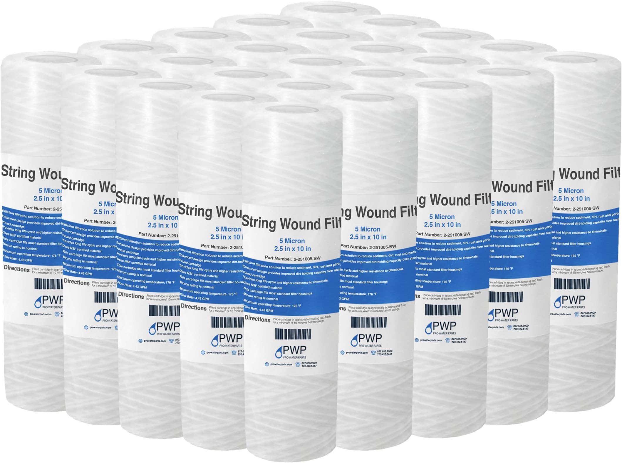 String Wound Sediment Water Filter Cartridge Standard 2.5x10" 5 Micron 25 Pack
