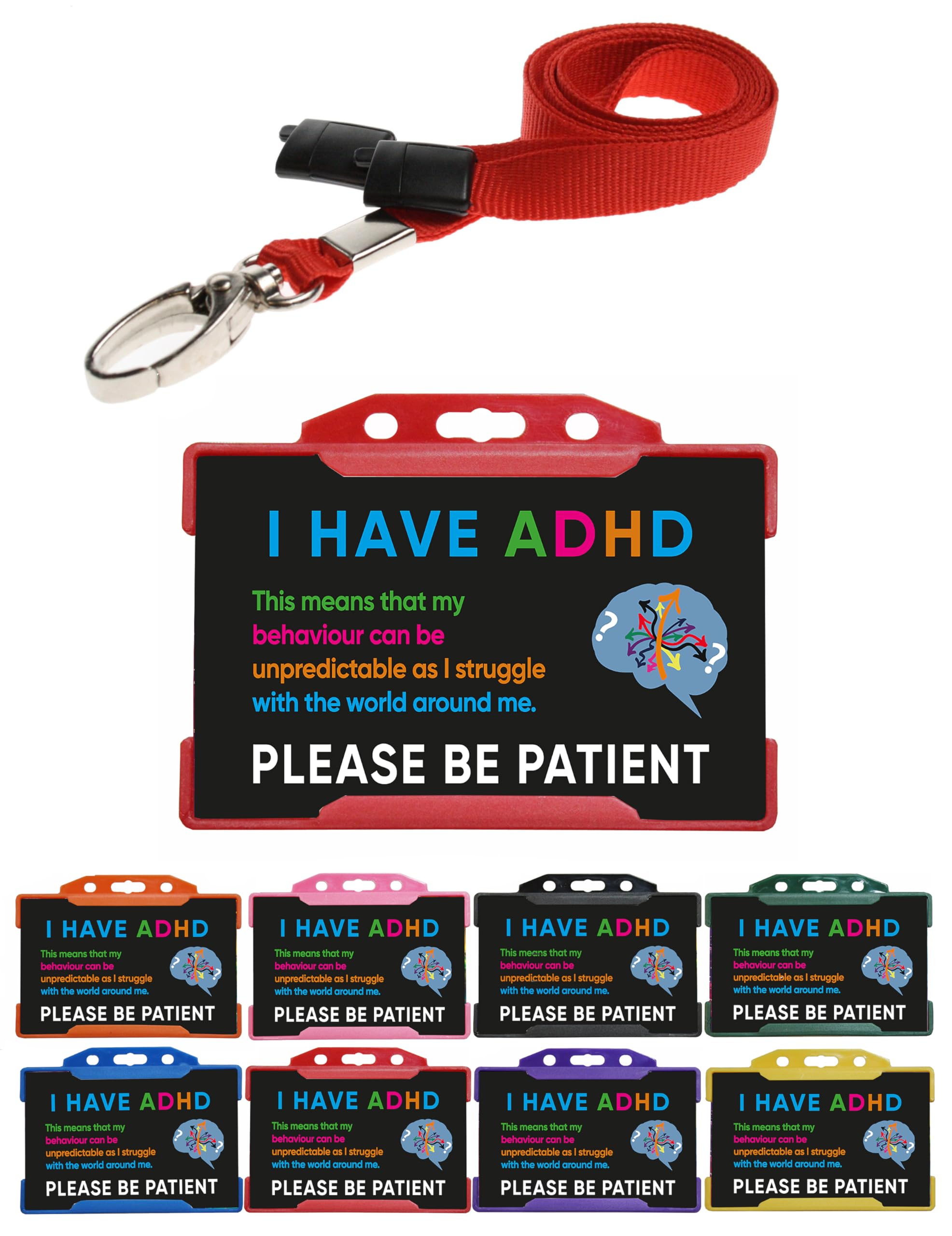 Quantum Leap ADHD Hidden Disability Lanyard Badge Card Black I Have ADHD Please Be Patient Card with Red Badge Holder & Lanyard