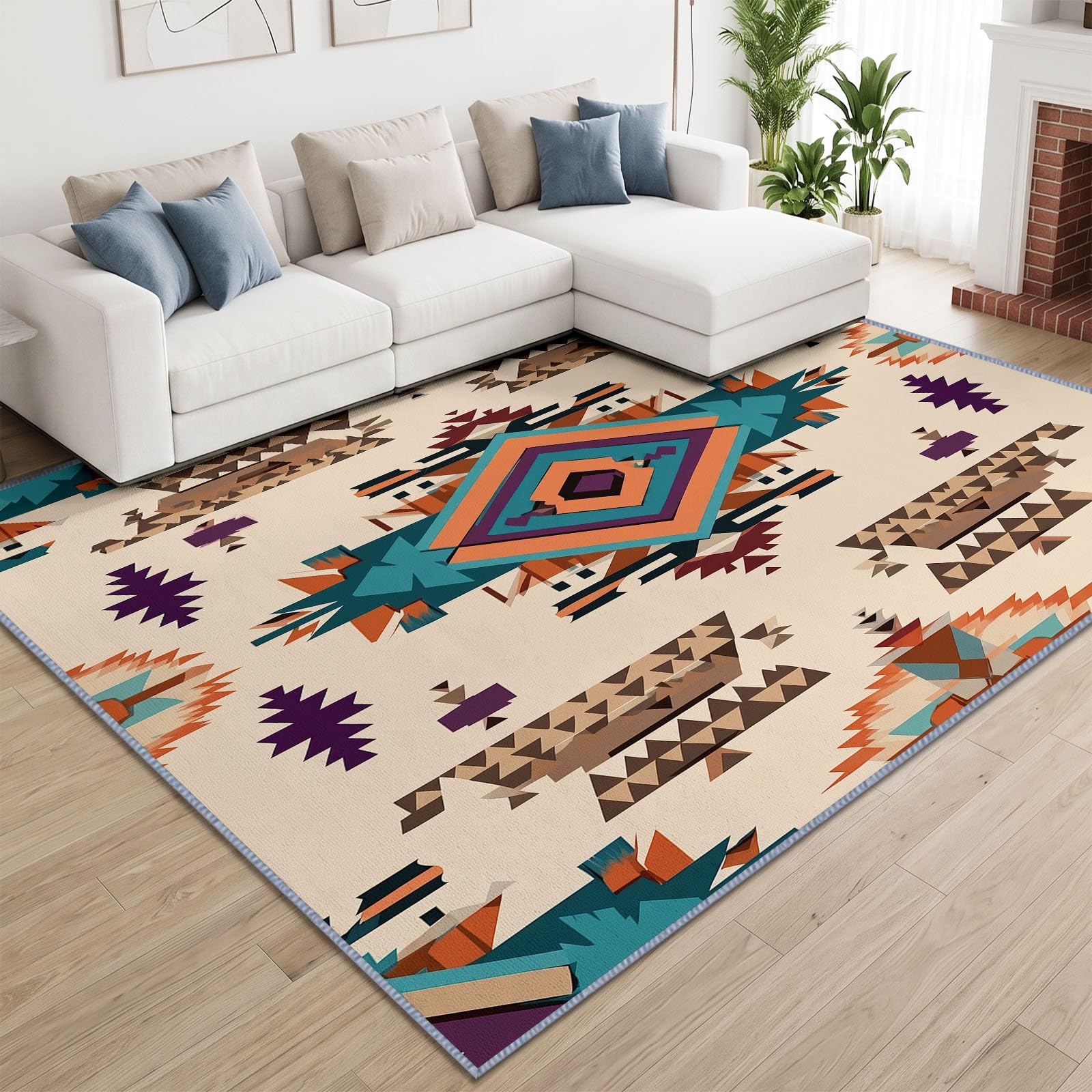 Alfombra lavable 120 x 170 cm, diseño de rombos aztecas, de pelo corto, para habitación infantil, antideslizante, suave, fácil de limpiar, para salón, dormitorio, cocina