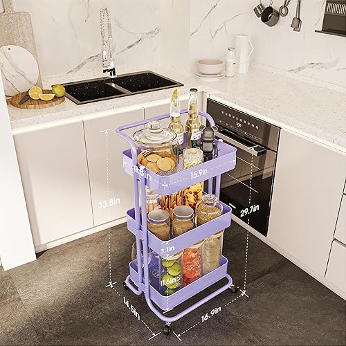 Miniatura 6 de Carrito de metal de 3 niveles con ruedas, carrito de almacenamiento de utilidad, organizador multifuncional de almacenamiento para cocina,