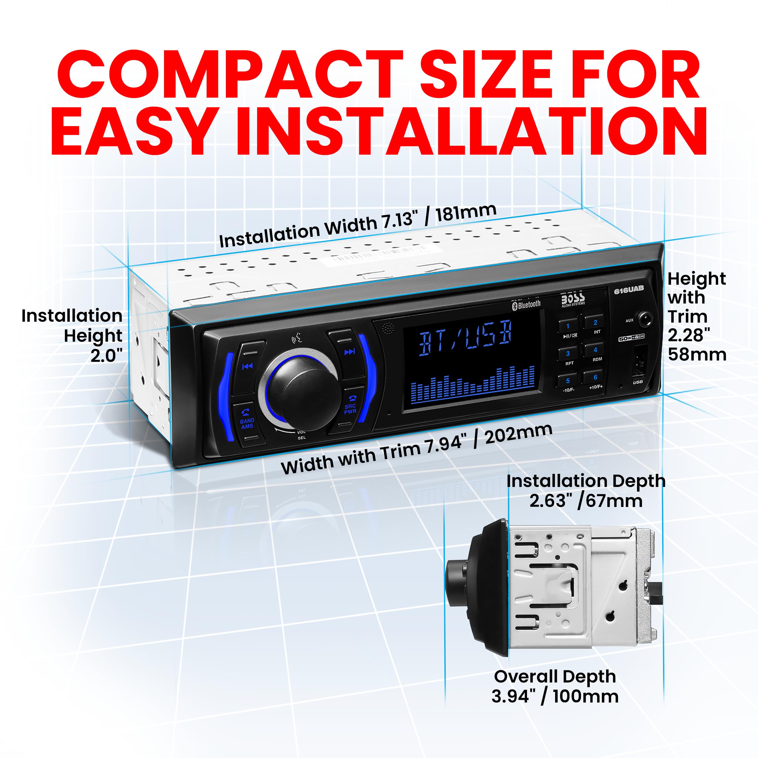 BOSS Audio Systems 616UAB Car Stereo With Bluetooth - Single DIN, MP3, USB, Aux-in, AM/FM, No CD DVD Player - Image 3