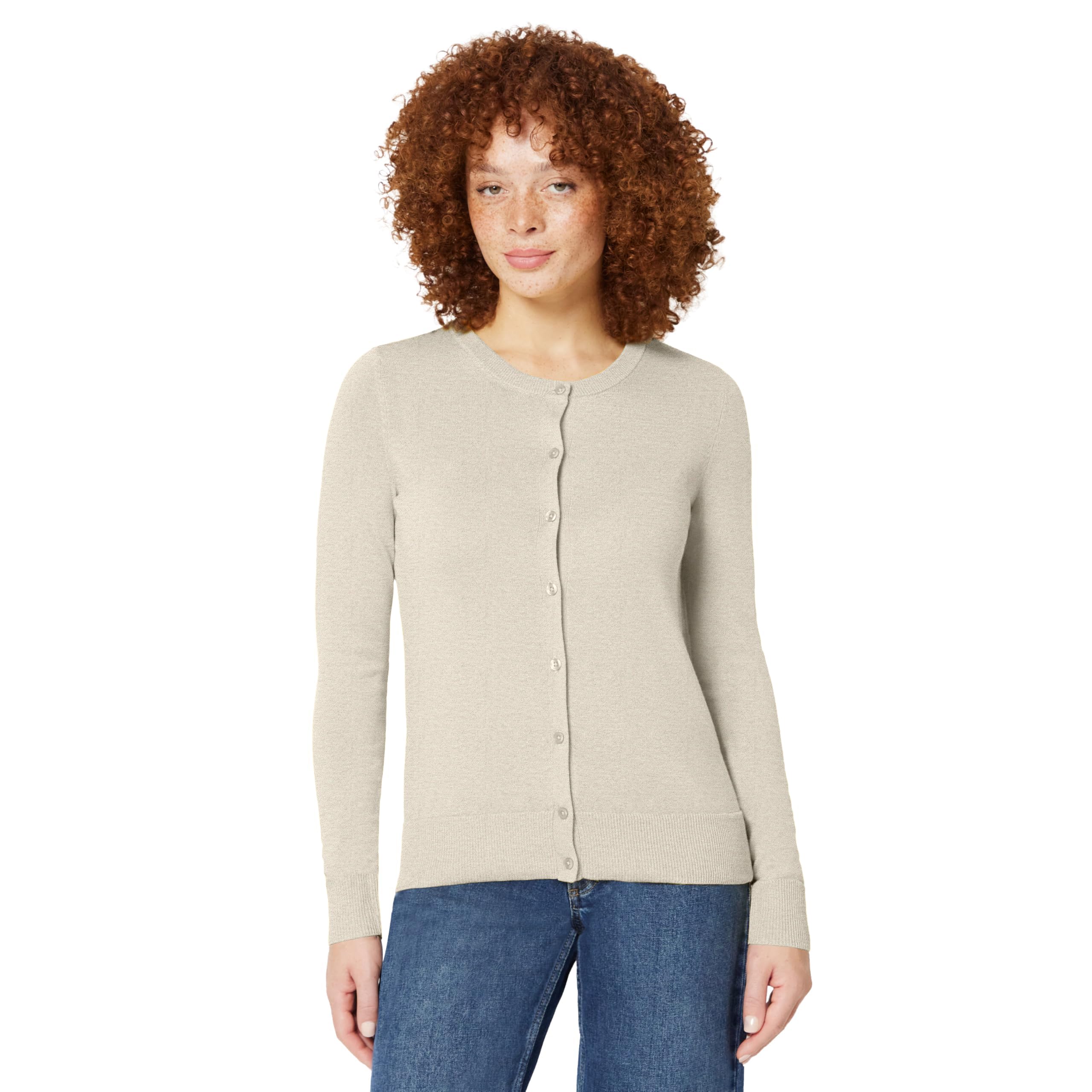 Amazon Essentials Women's Lightweight Crewneck Cardigan Jumper (Available in Plus Size), Oatmeal Heather, L