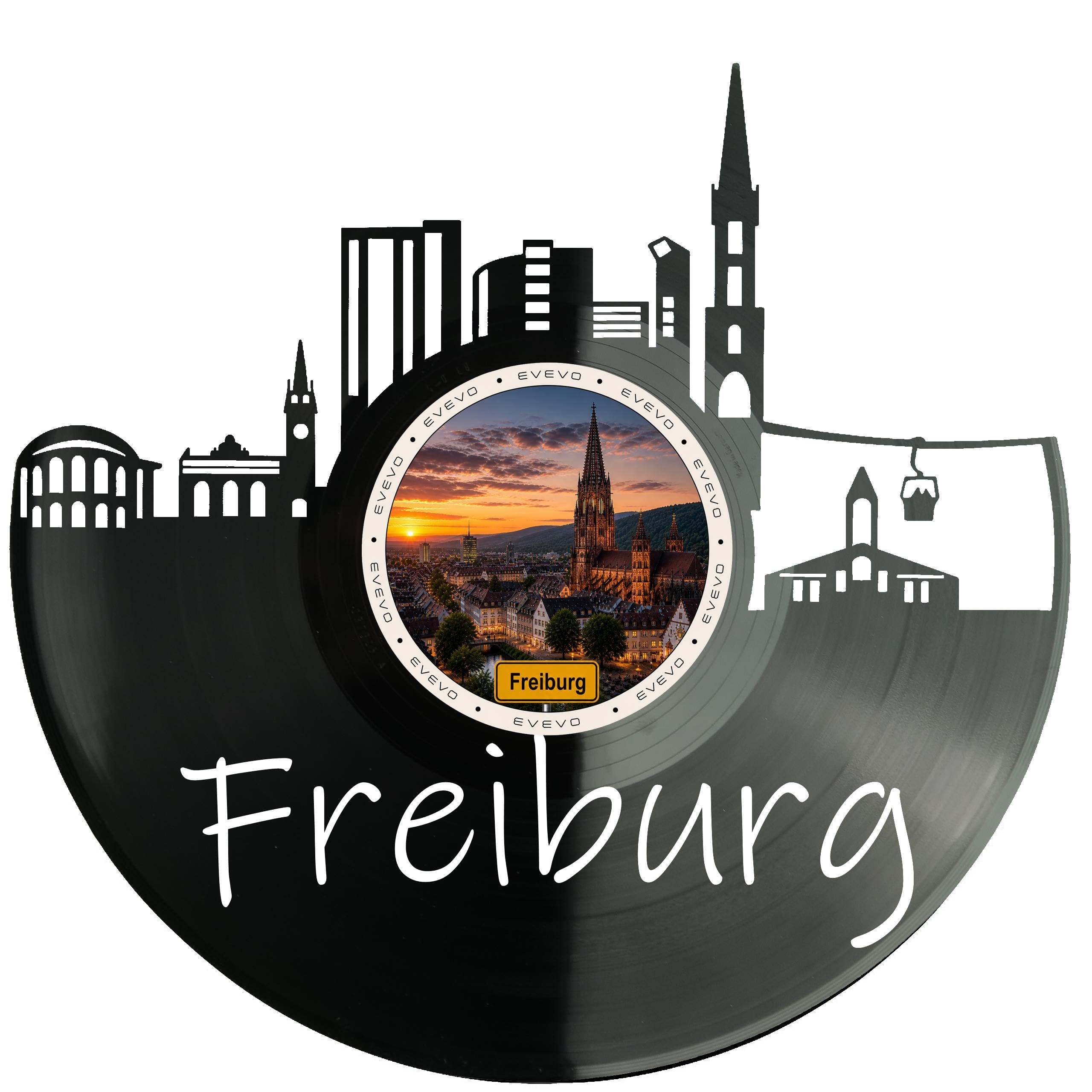 EVEVO Dekoracja ścienna z płyty gramofonowej Freiburg – winylowa sztuka ścienna Breisgau Skyline prezent dla fanów Fryburga, miłośników Münster Schwarzwald D0060