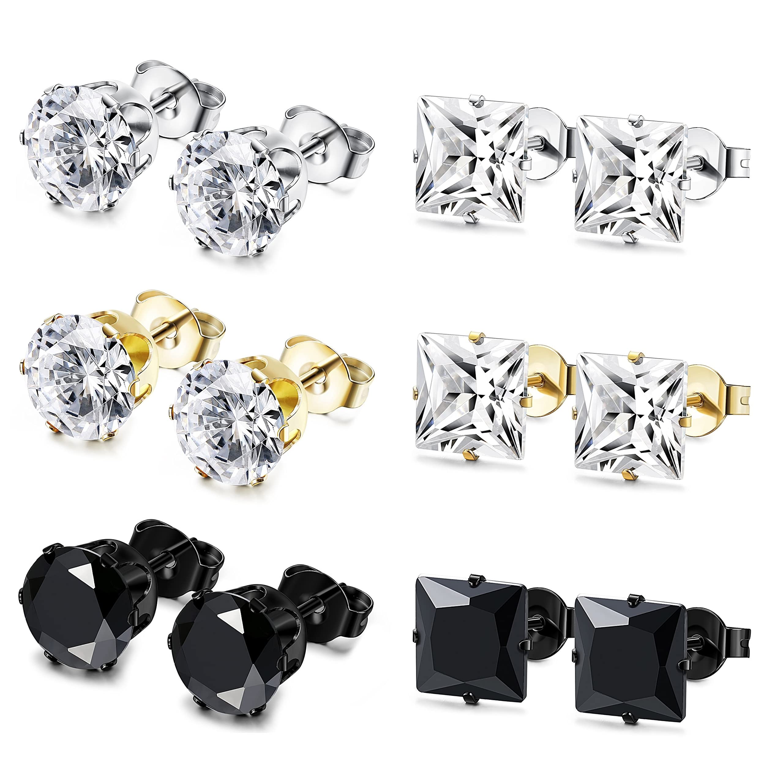 CASSIECA 6 Pares Acero Inoxidable Pendientes Studs para Hombre Mujer Aretes con Circonita Redondo Cuadrado Pendiente, Plata Negro Oro