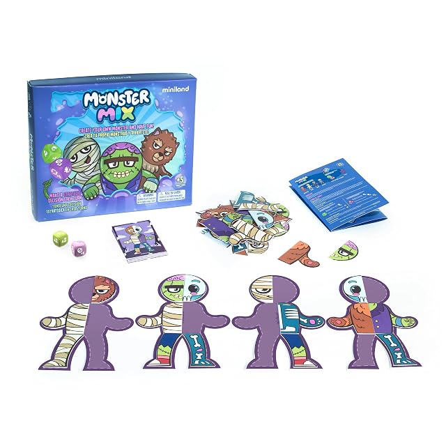 Miniland Juego de Mesa para Crear Monstruos, Niños Desde 5 años, 48 Piezas con Cartas de Reto y Dado, Juego en Casa, Juegos en Familia | Monster Mix